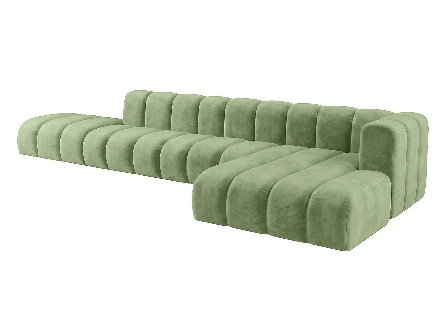 Canapé d’angle modulable en L avec pouf, tissu velours Riviera, Olive, droite, GRAND