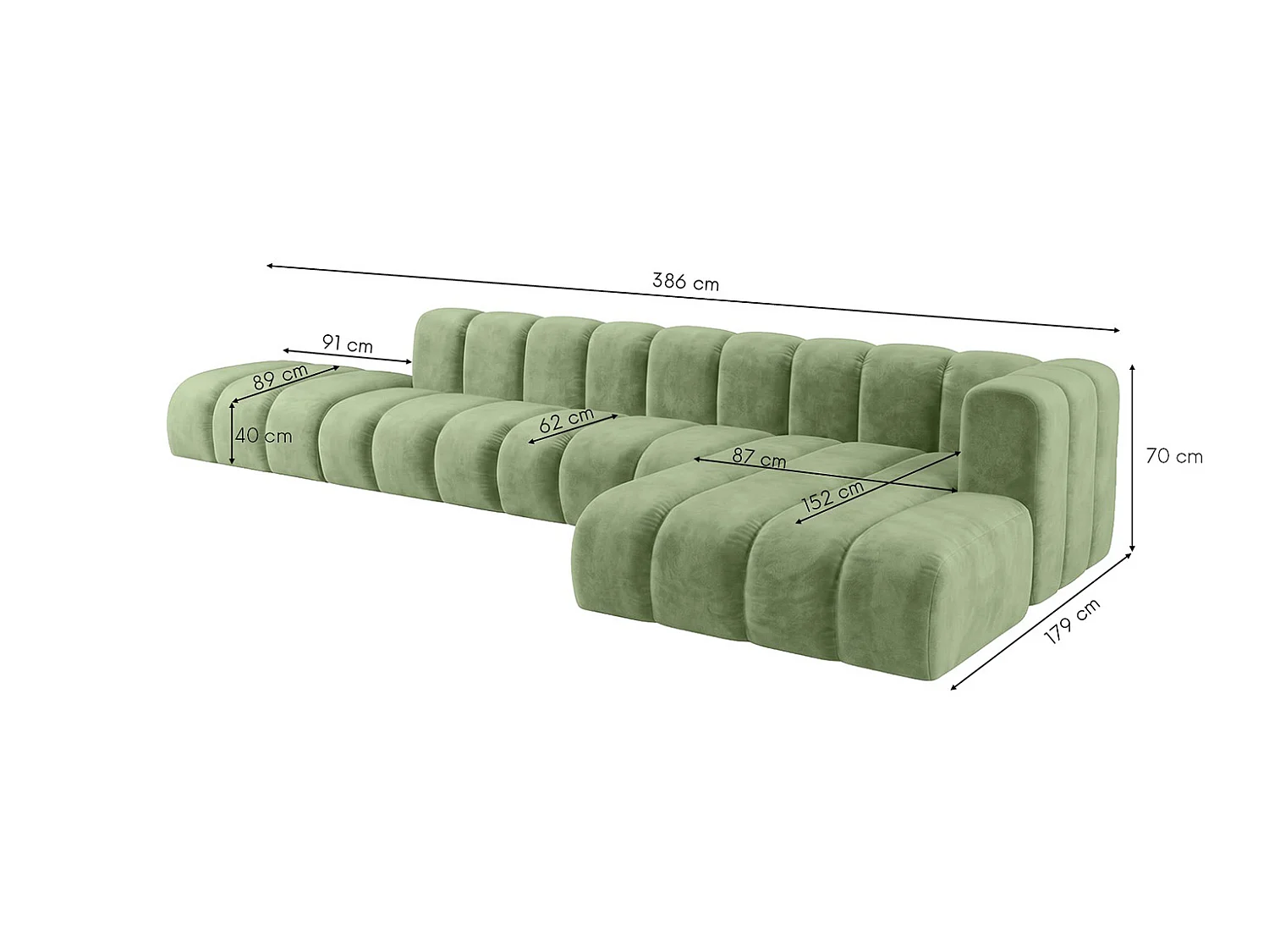 Canapé d’angle modulable en L avec pouf, tissu velours Riviera, Olive, droite, GRAND