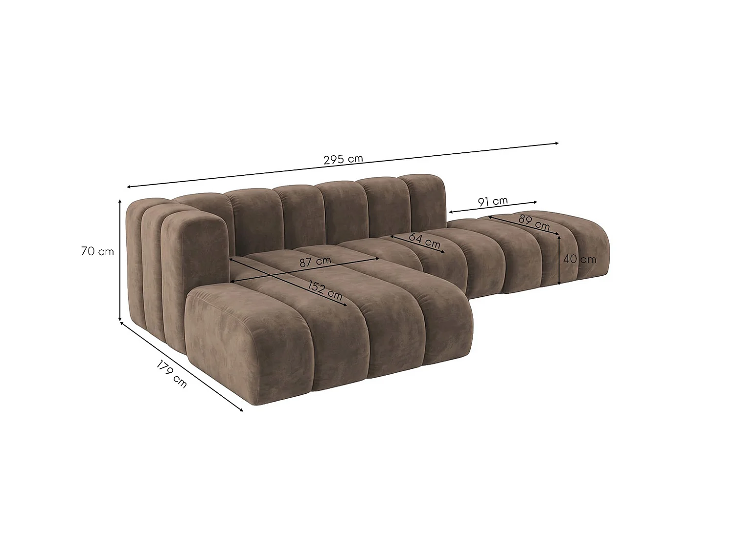 Modulares Ecksofa in L-Form mit Hocker, Velvet-Stoff Riviera, Braun, Links, GRAND Mini