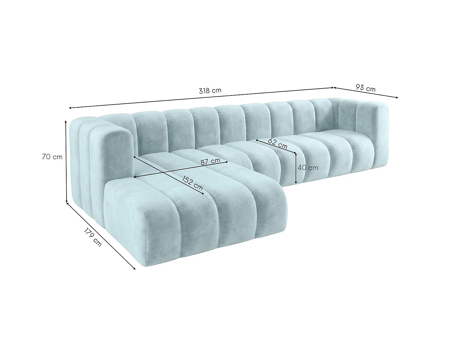 Narożnik modułowy w kształcie L, tkanina welwet Riviera, Baby blue, Lewy, GRAND 318 cm
