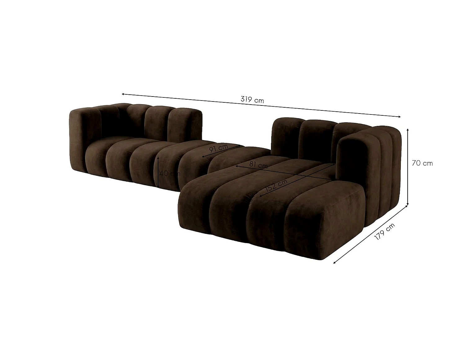 Modulares Ecksofa in L-Form, Velvet-Stoff Riviera, Schokolade, Rechts, GRAND 319 cm