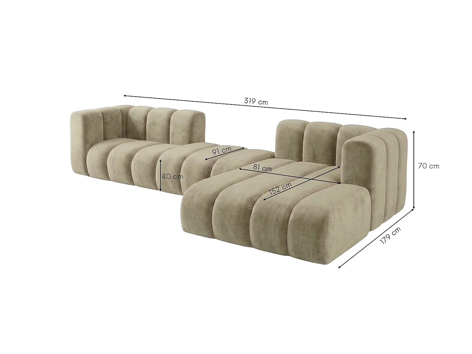 Narożnik modułowy w kształcie L, tkanina welwet Riviera, Beżowy, Prawy, GRAND 319 cm