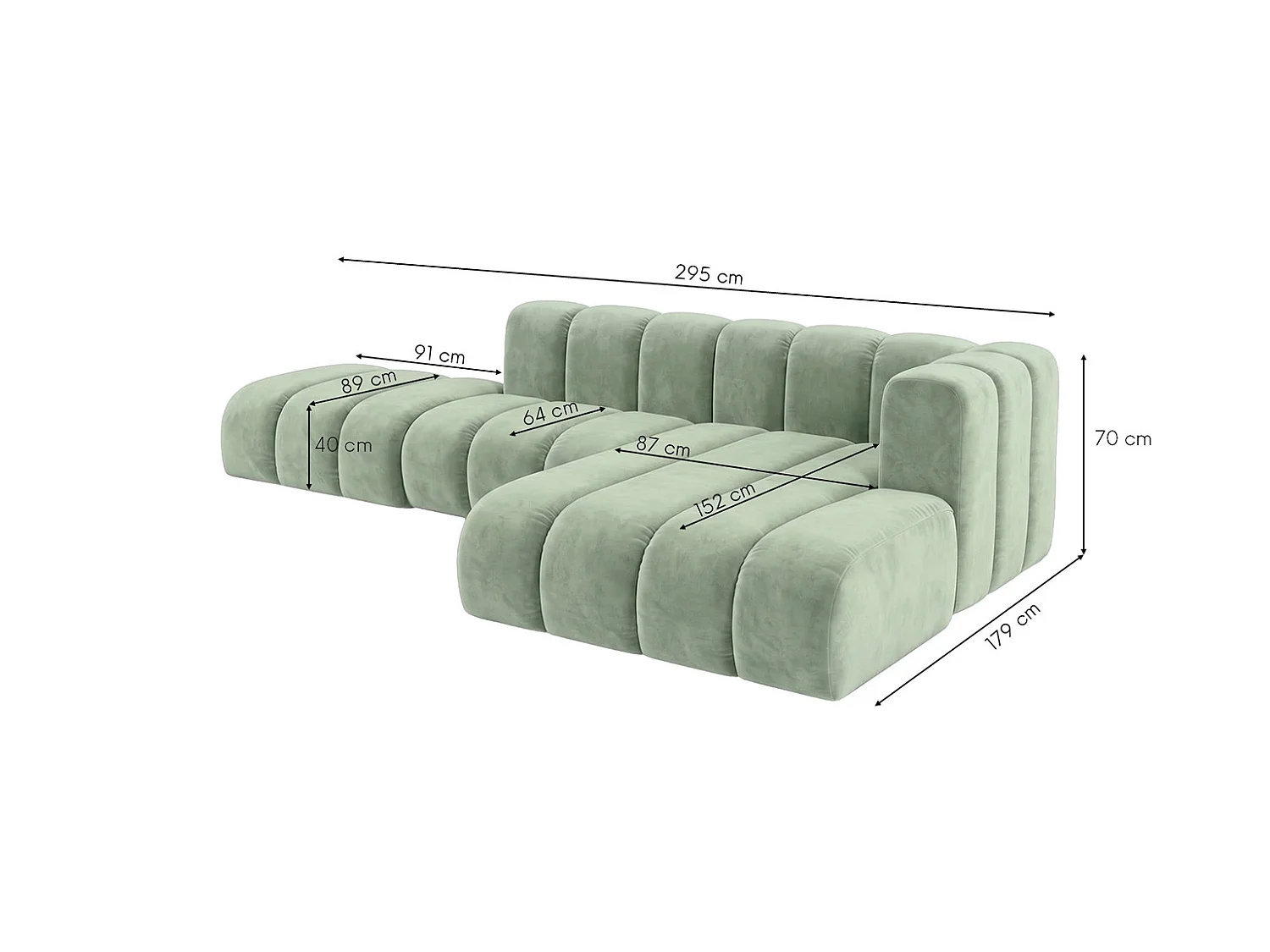 Modulaire hoekbank in L-vorm met hocker, fluwelen stof Riviera, Mintgroen, rechts, GRAND Mini