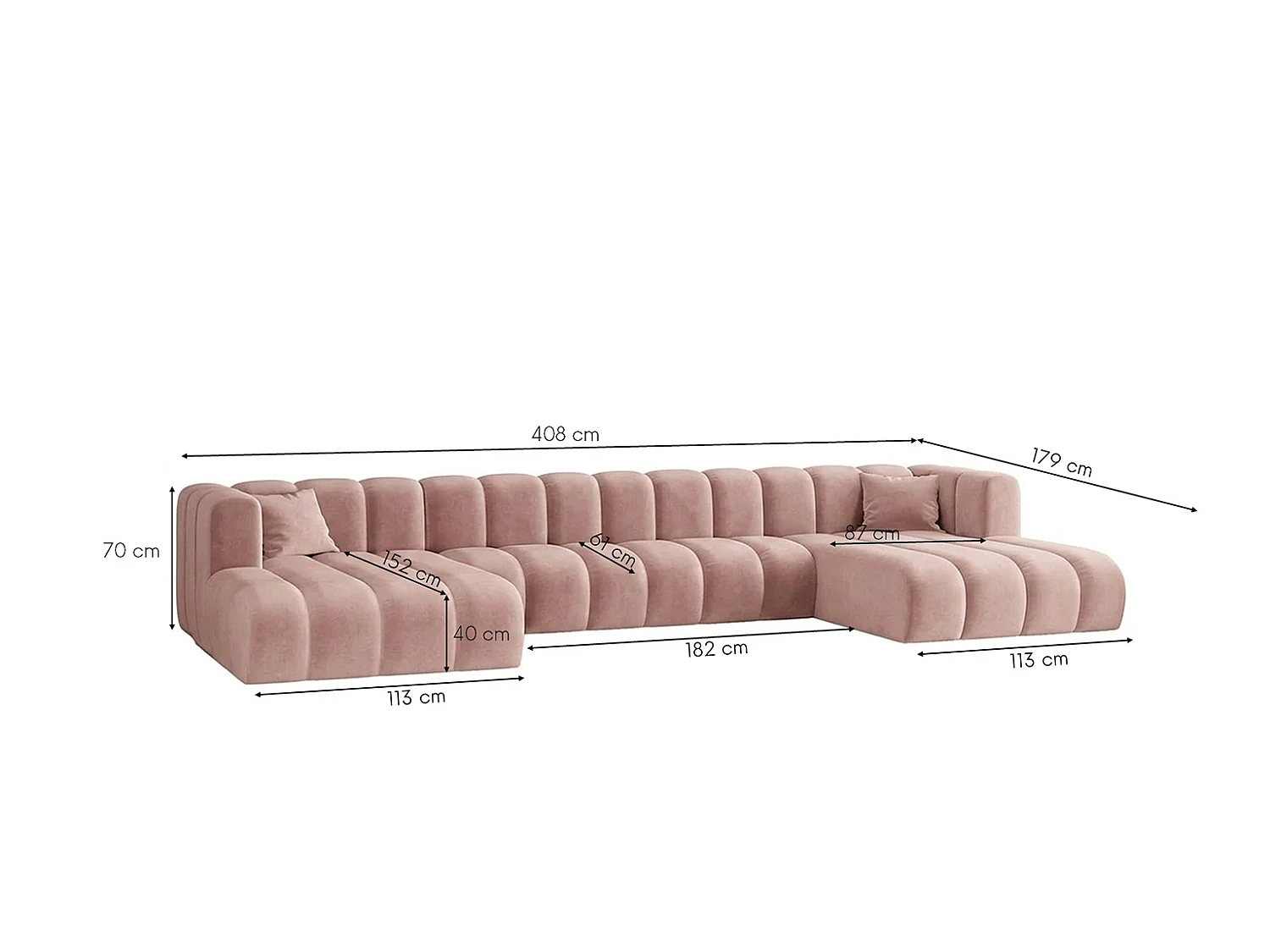 Canapé d’angle modulable en U, tissu velours Riviera, Rose clair, GRAND U XL