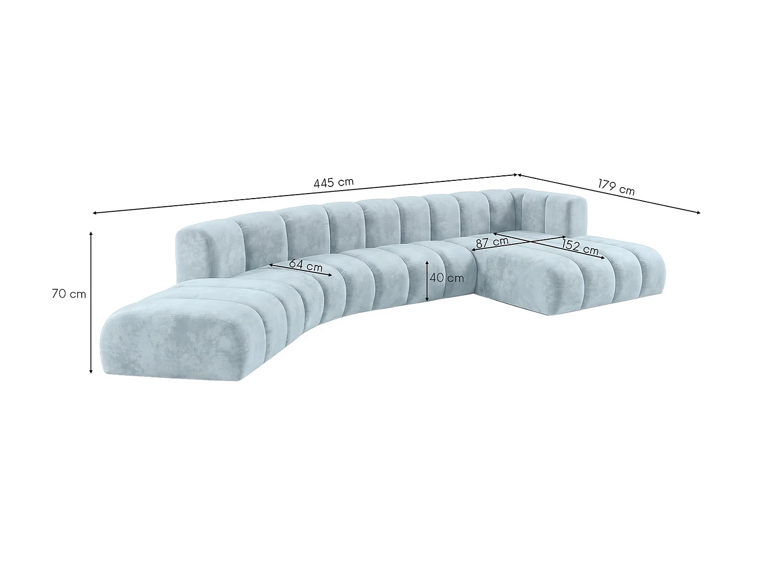 Modulaire hoekbank in L-vorm, fluwelen stof Riviera, Babyblauw, rechts, GRAND Round