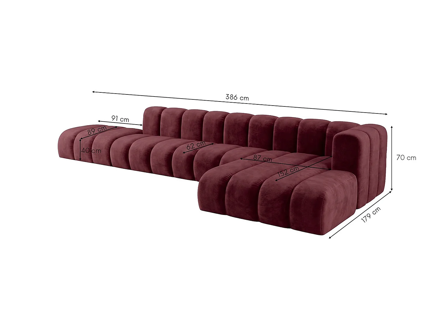 Modulaire hoekbank in L-vorm met hocker, fluwelen stof Riviera, Bordeaux, rechts, GRAND
