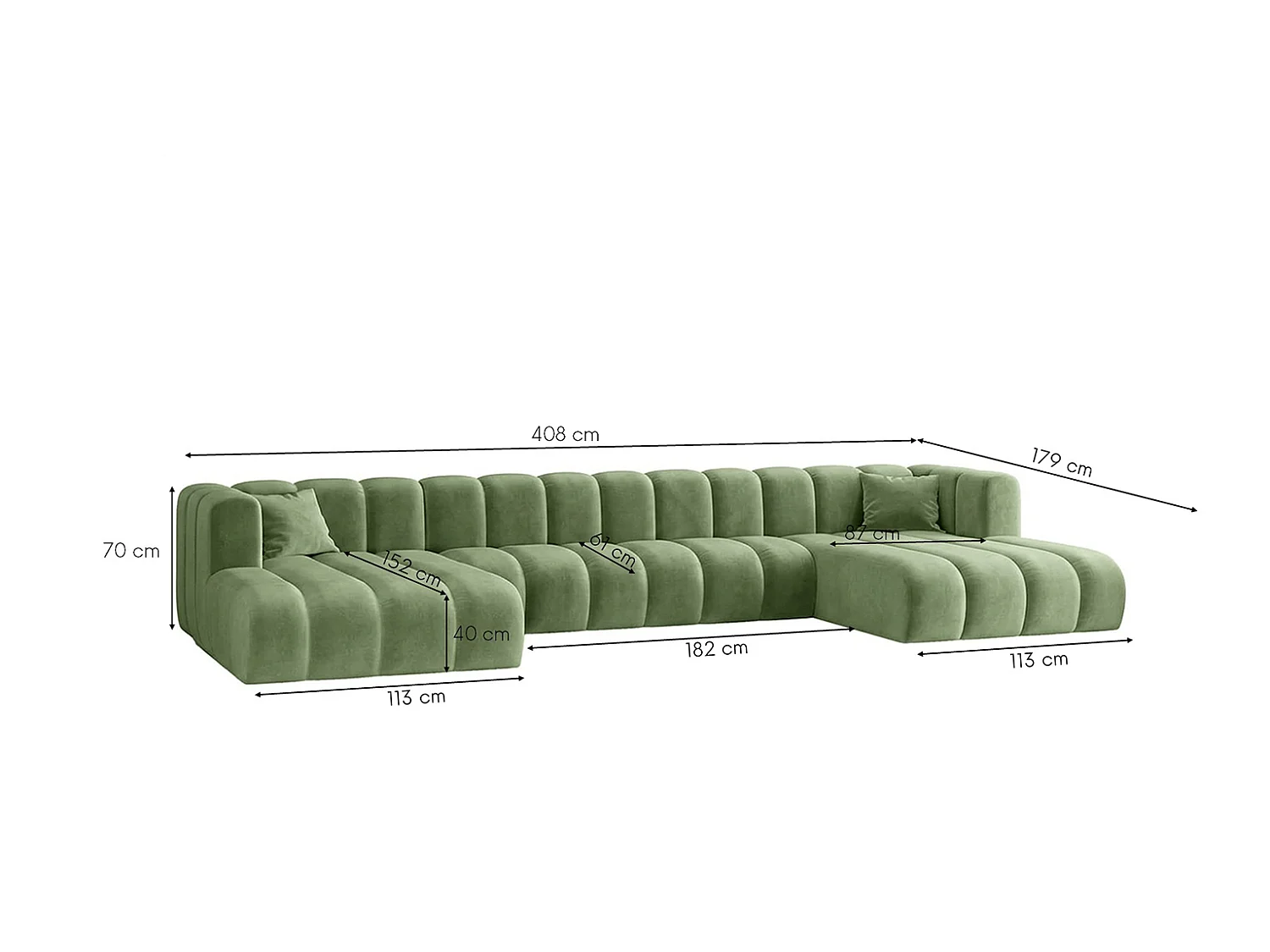 Modulaire hoekbank in U-vorm, fluwelen stof Riviera, Olijfgroen, GRAND U XL