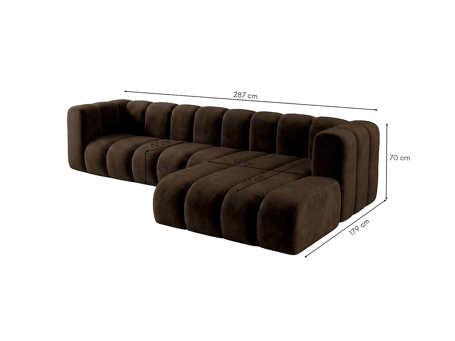 Modulares Ecksofa in L-Form, Velvet-Stoff Riviera, Schokolade, Rechts, GRAND 287 cm