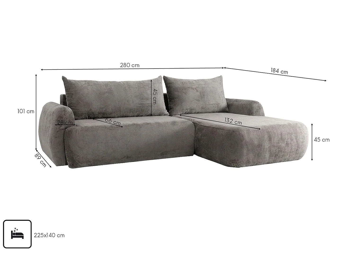 Canapé d'angle convertible avec coffre de rangement, tissu chenille Perfecto, Gris, Angle droit, HELA II
