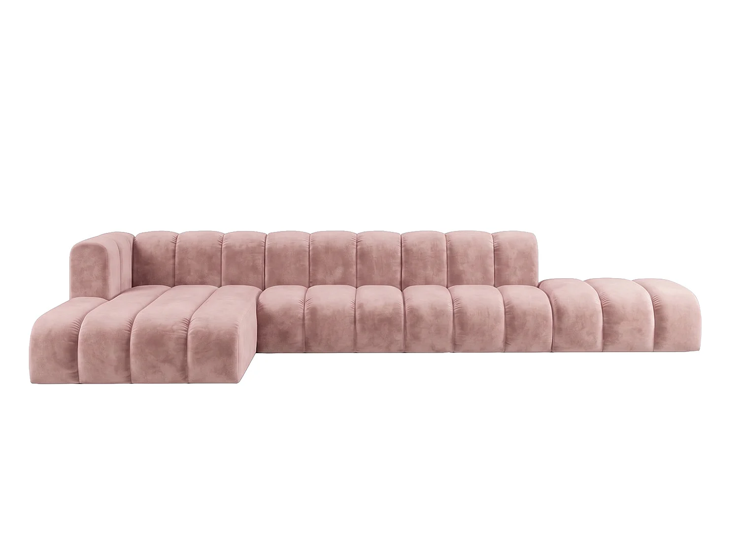 Canapé d’angle modulable en L avec pouf, tissu velours Riviera, Rose clair, gauche, GRAND
