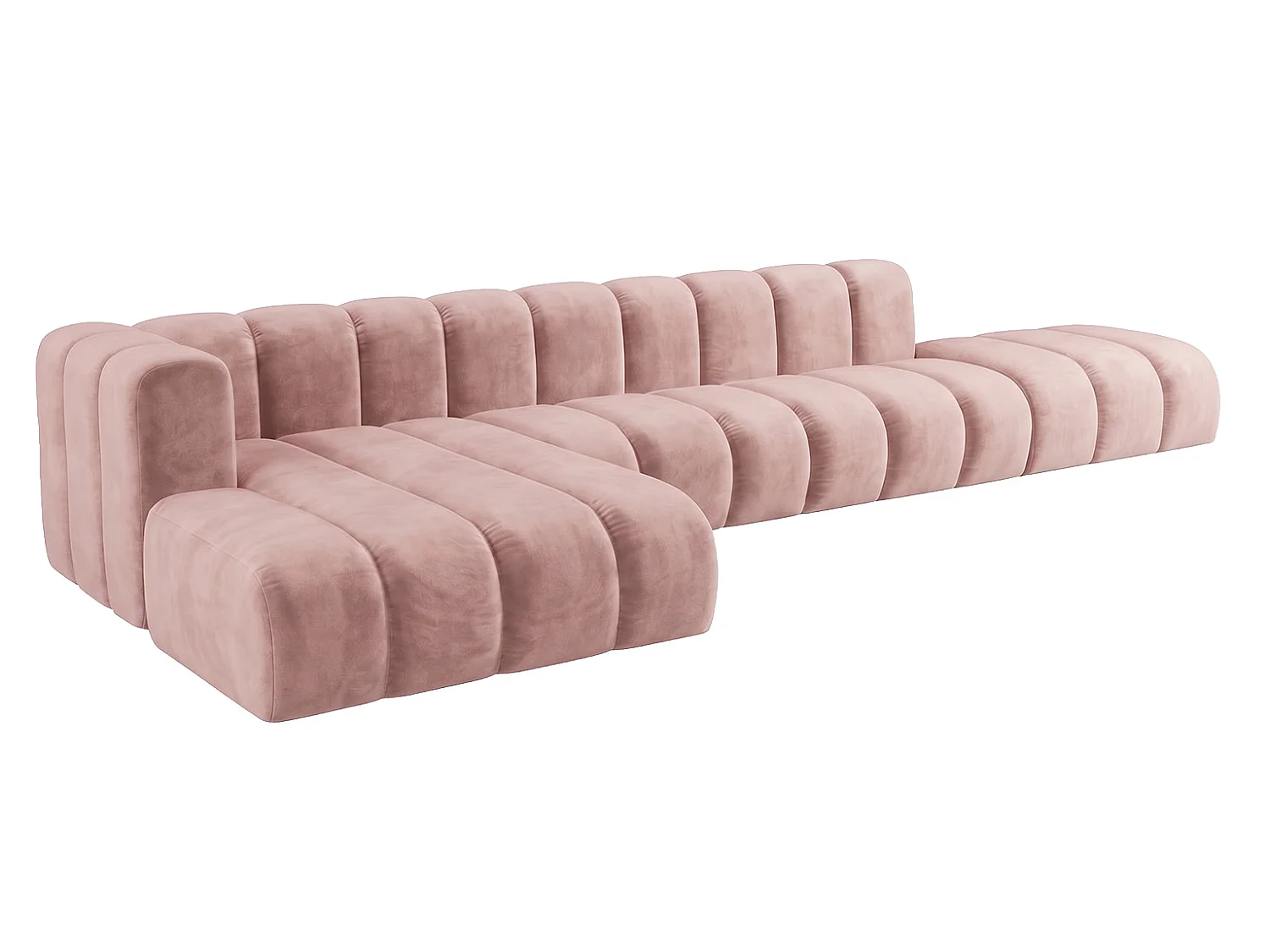 Canapé d’angle modulable en L avec pouf, tissu velours Riviera, Rose clair, gauche, GRAND