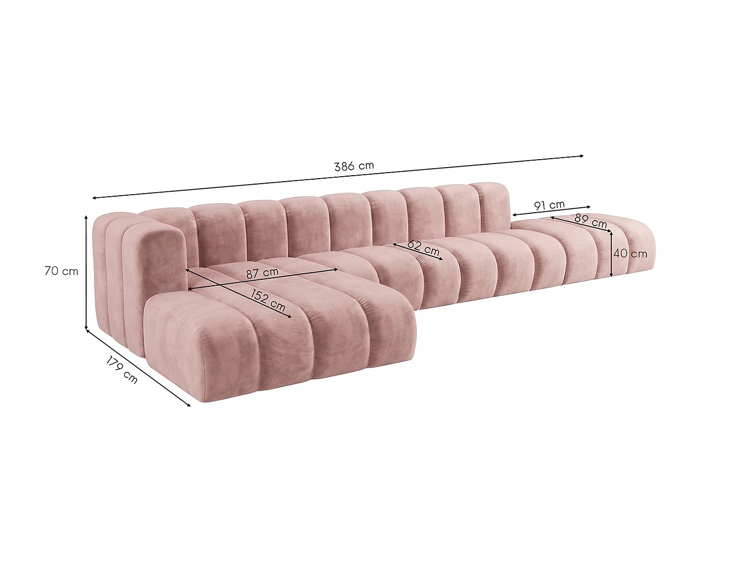 Canapé d’angle modulable en L avec pouf, tissu velours Riviera, Rose clair, gauche, GRAND