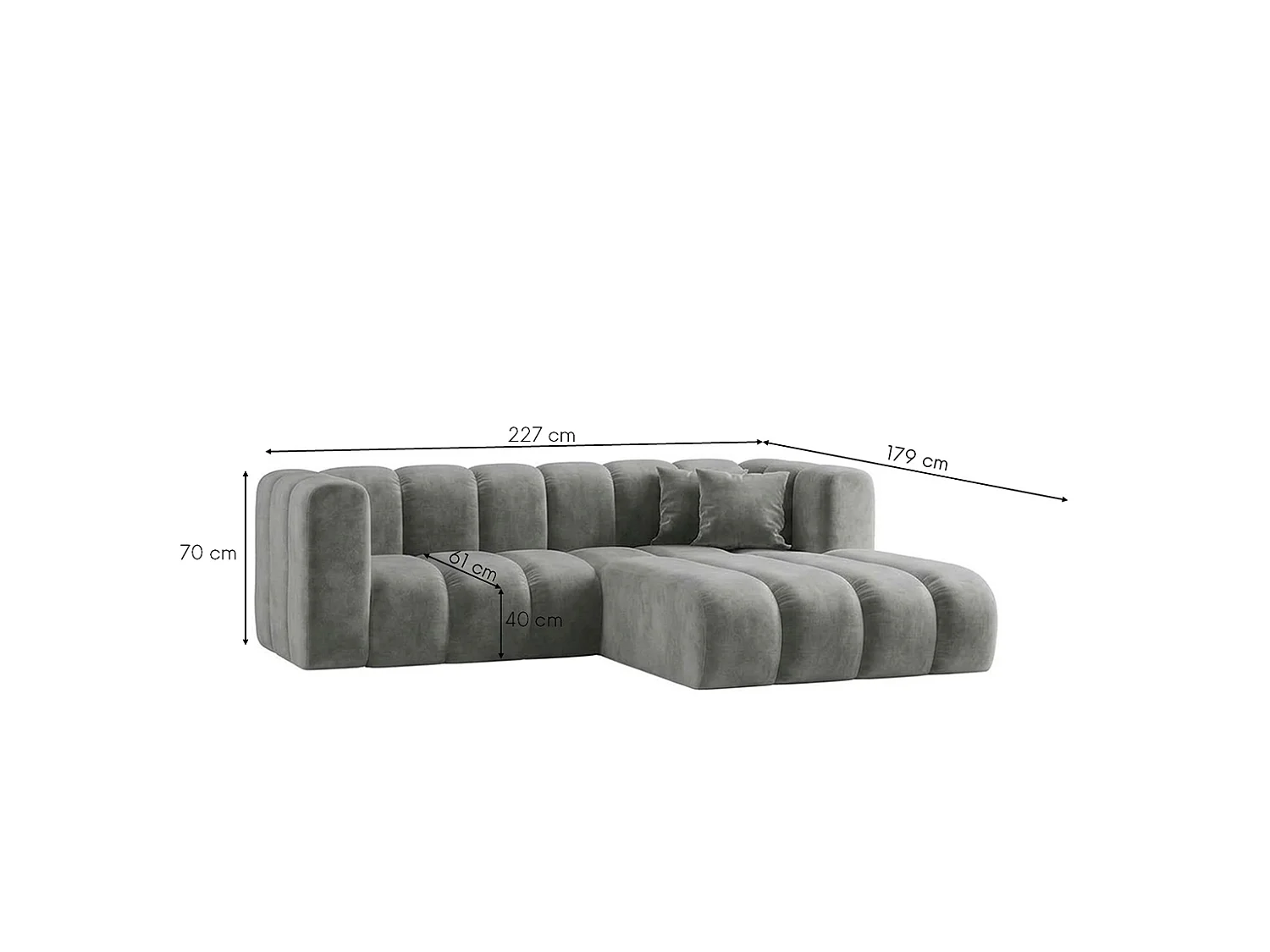 Canapé d’angle modulable en L, tissu velours Riviera, Gris, droite, GRAND