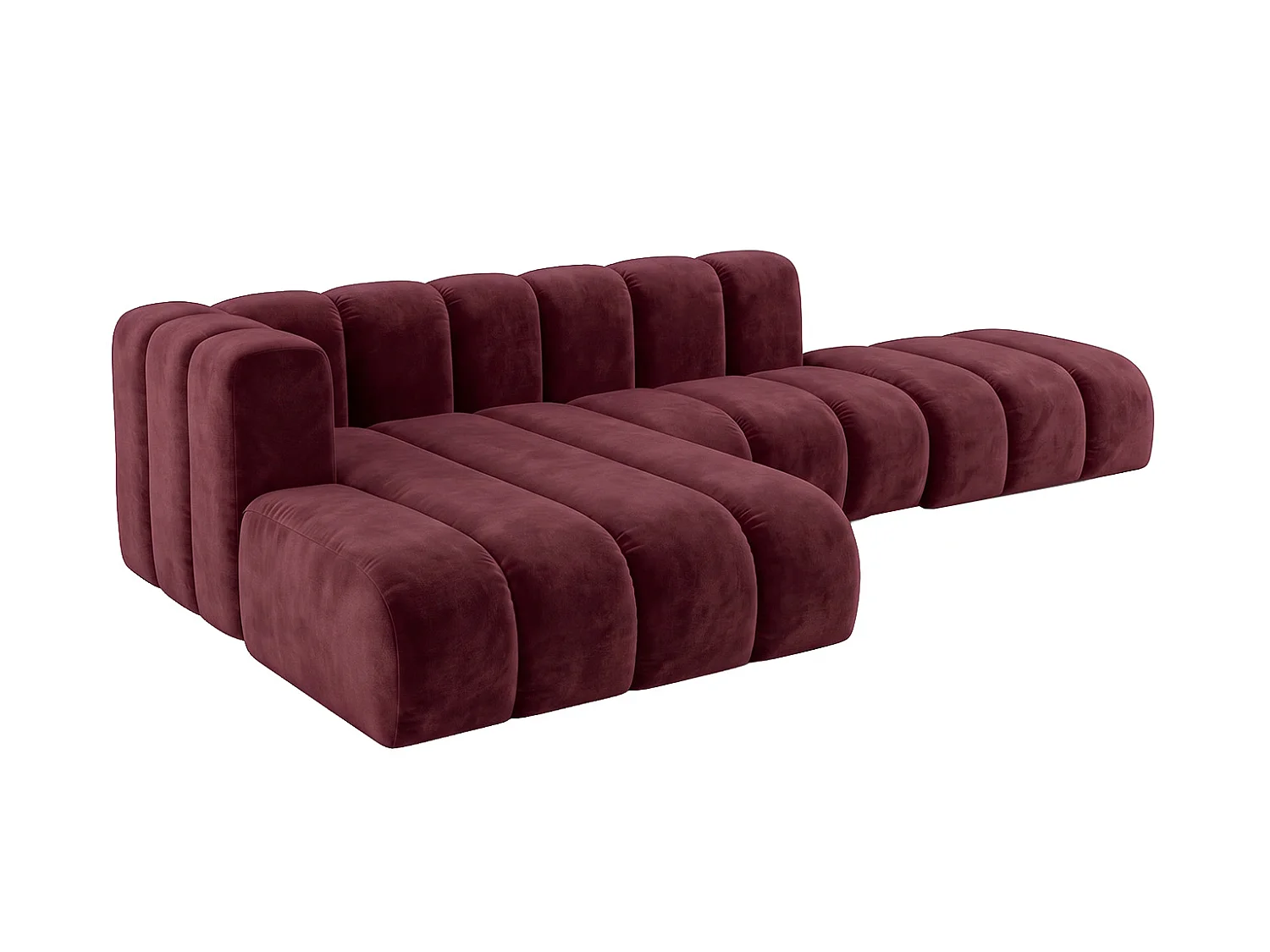 Modulaire hoekbank in L-vorm met hocker, fluwelen stof Riviera, Bordeaux, links, GRAND Mini