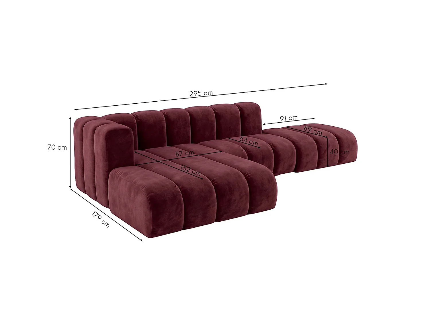 Modulaire hoekbank in L-vorm met hocker, fluwelen stof Riviera, Bordeaux, links, GRAND Mini