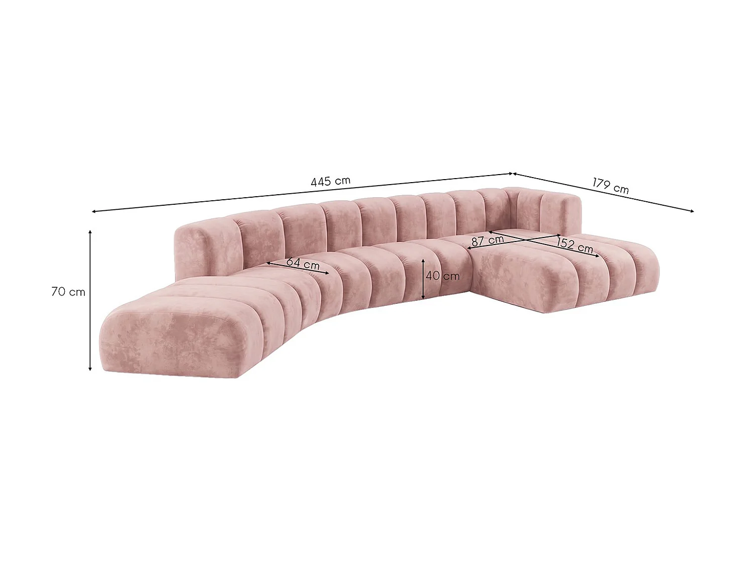 Canapé d’angle modulable en L, tissu velours Riviera, Rose clair, droite, GRAND Round