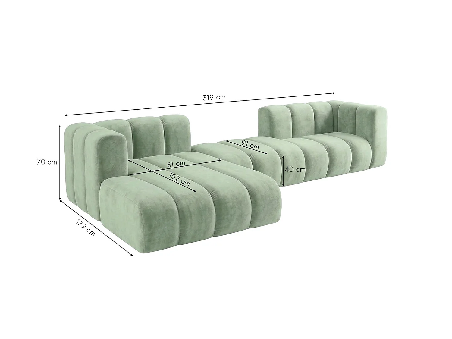 Modulaire hoekbank in L-vorm, fluwelen stof Riviera, Mintgroen, links, GRAND 319 cm