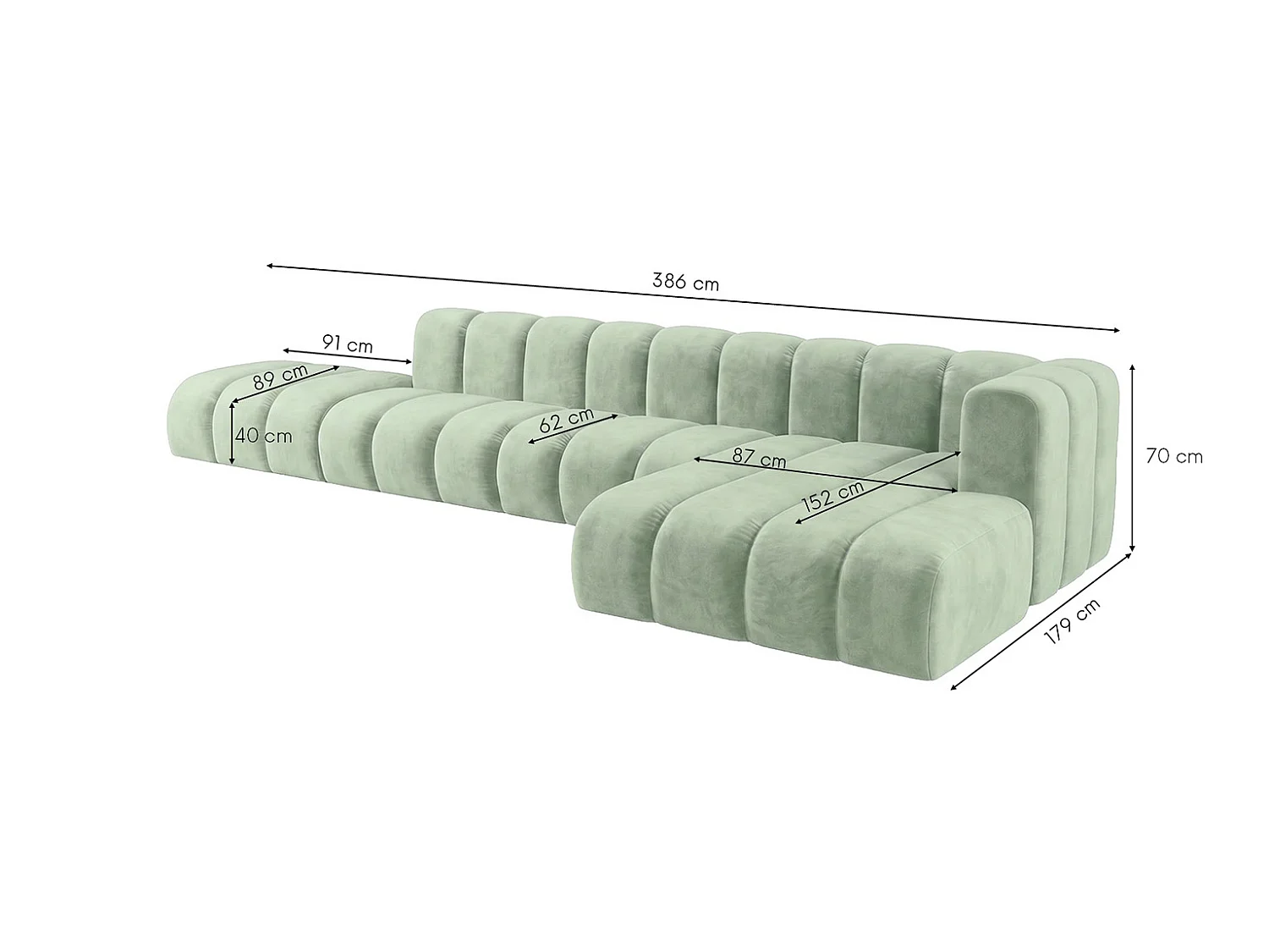Modulaire hoekbank in L-vorm met hocker, fluwelen stof Riviera, Mintgroen, rechts, GRAND