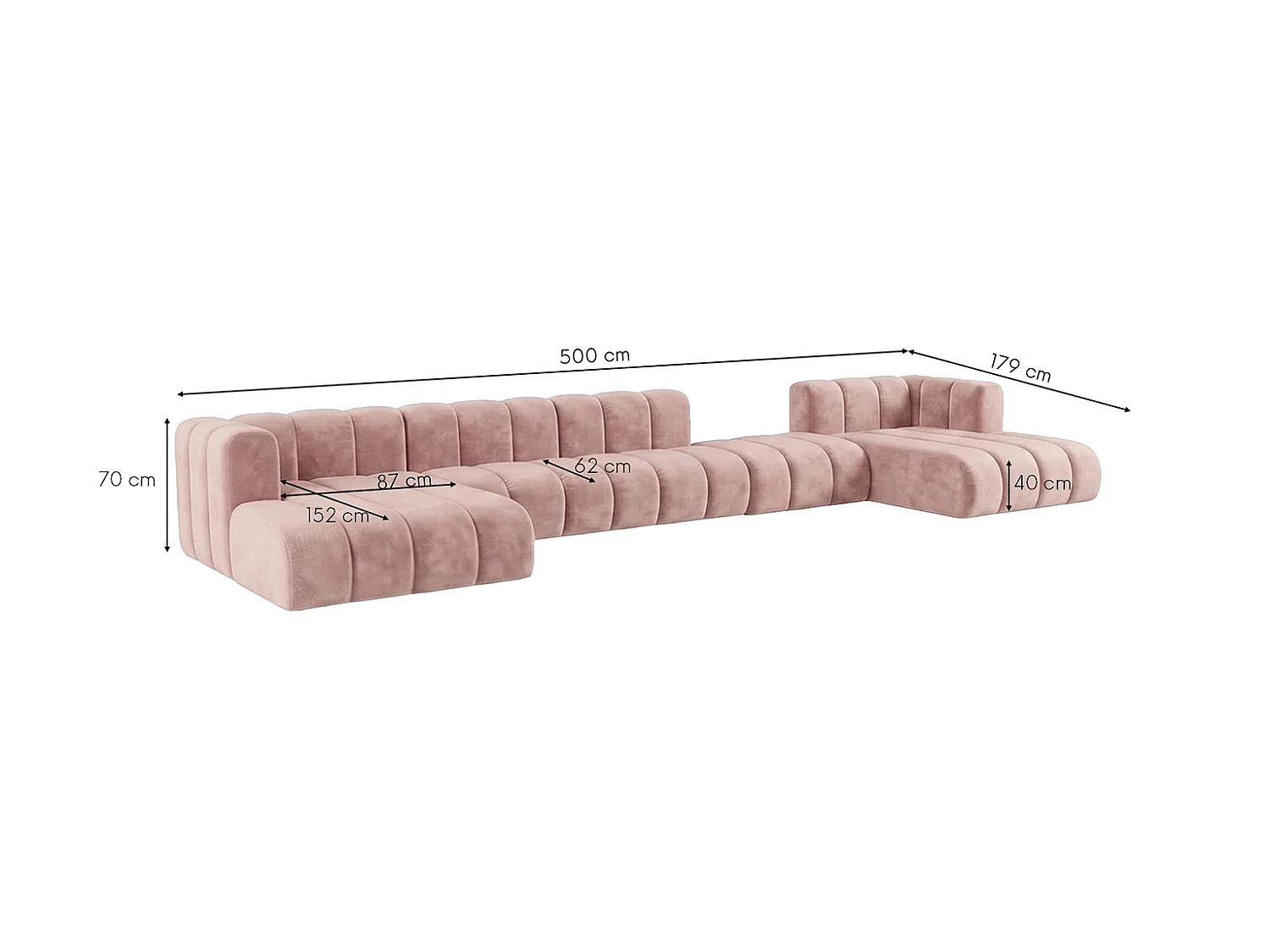 Canapé d’angle modulable en U avec pouf repositionnable, Rose clair, GRAND U BIG 500 cm