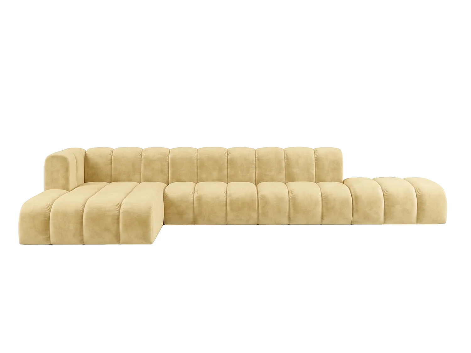Canapé d’angle modulable en L avec pouf, tissu velours Riviera, Beurre, gauche, GRAND