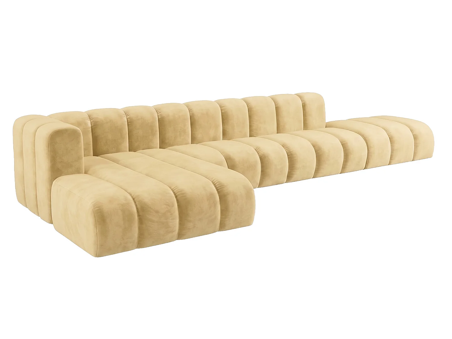 Canapé d’angle modulable en L avec pouf, tissu velours Riviera, Beurre, gauche, GRAND