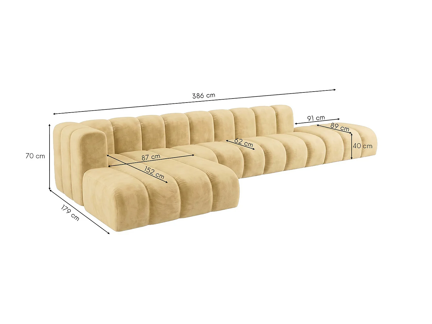 Canapé d’angle modulable en L avec pouf, tissu velours Riviera, Beurre, gauche, GRAND