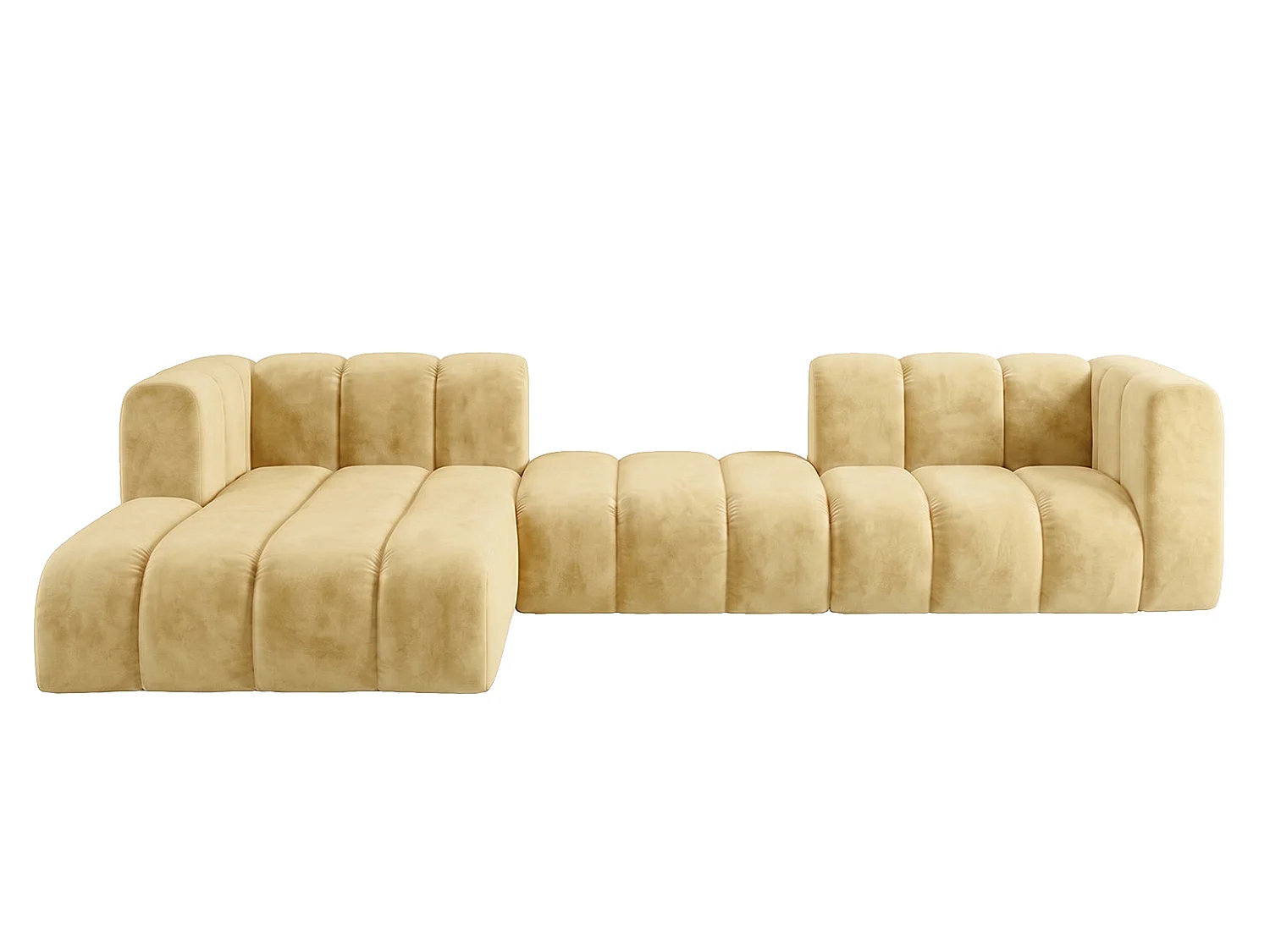 Canapé d’angle modulable en L, tissu velours Riviera, Beurre, gauche, GRAND 319 cm