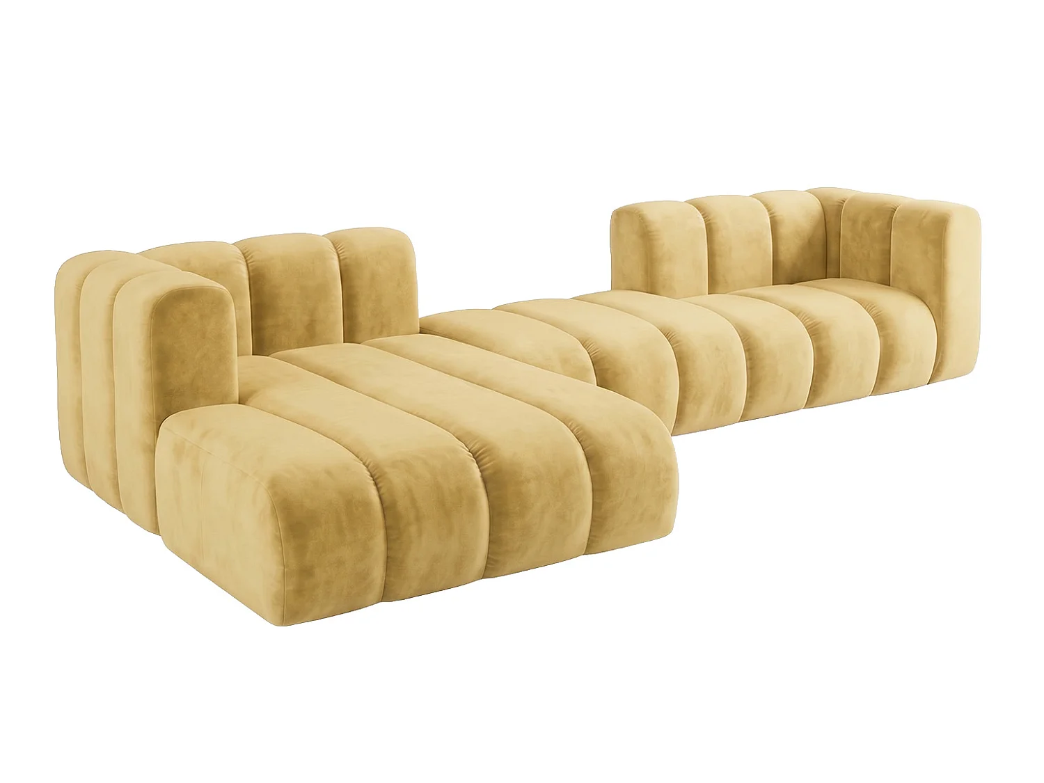 Canapé d’angle modulable en L, tissu velours Riviera, Beurre, gauche, GRAND 319 cm