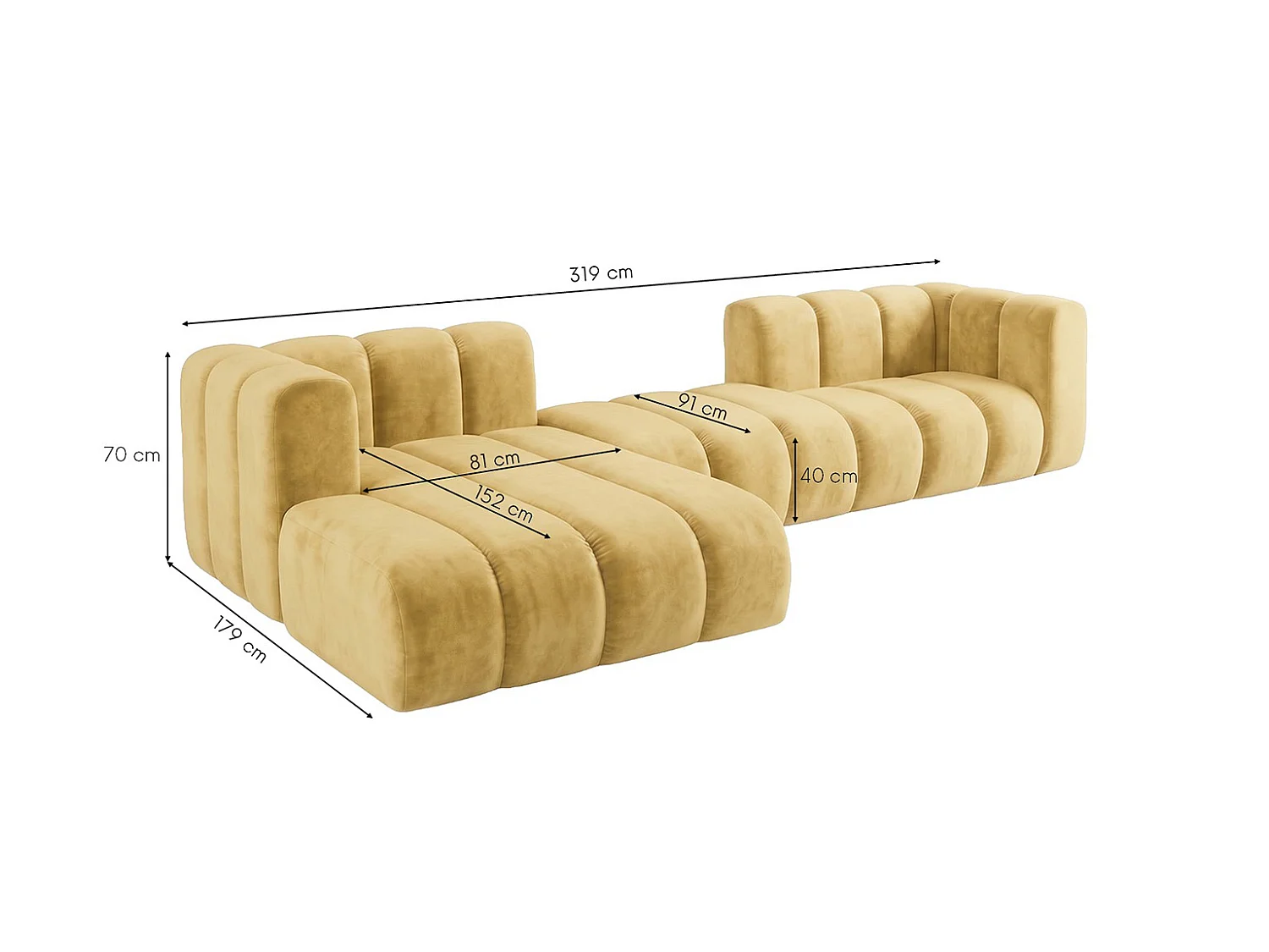 Canapé d’angle modulable en L, tissu velours Riviera, Beurre, gauche, GRAND 319 cm