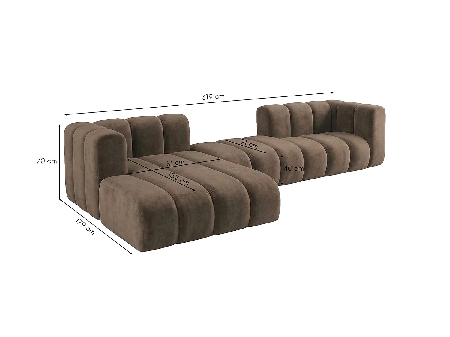 Modulares Ecksofa in L-Form, Velvet-Stoff Riviera, Braun, Links, GRAND 319 cm
