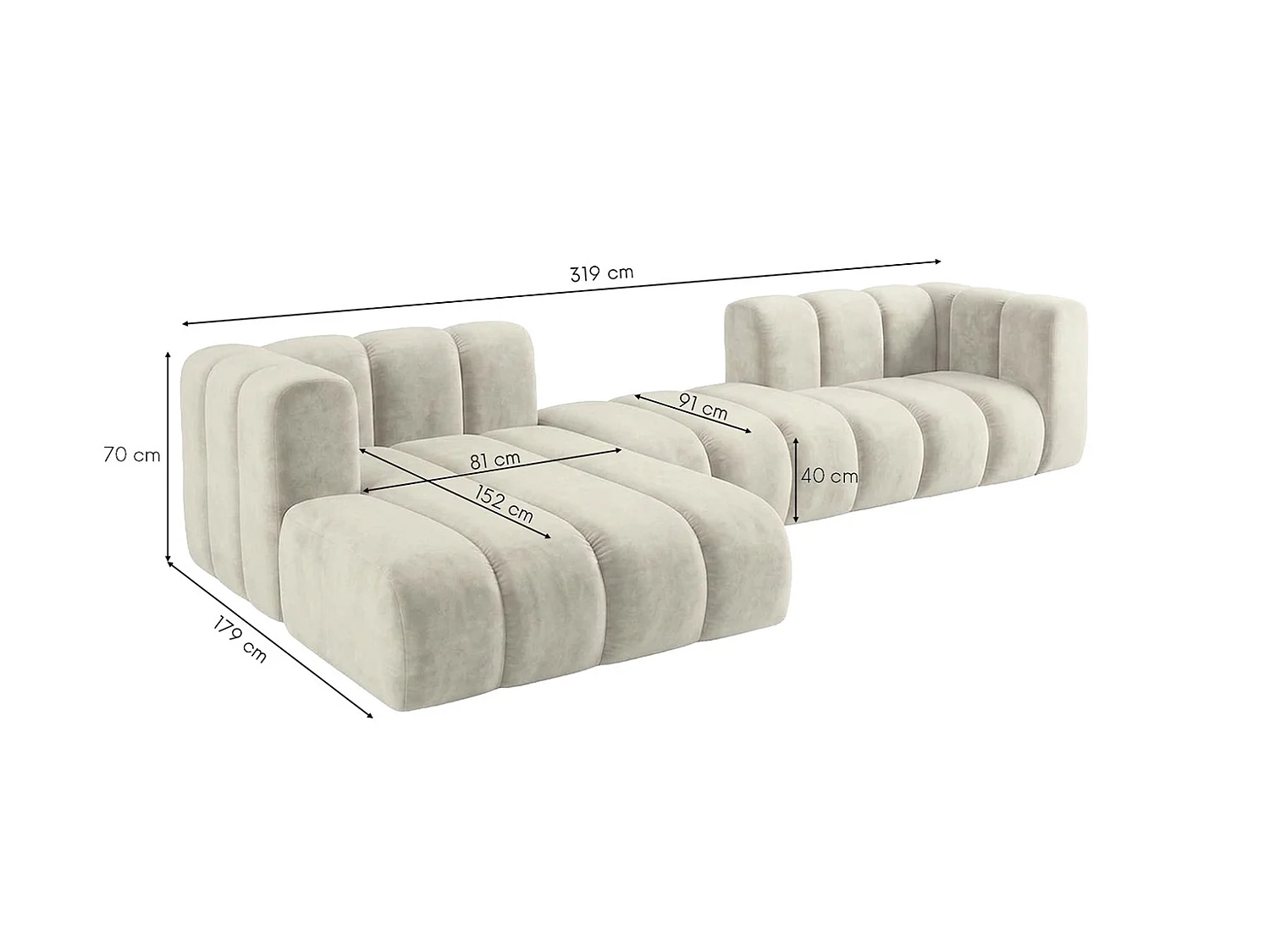 Narożnik modułowy w kształcie L, tkanina welwet Riviera, Ecru, Lewy, GRAND 319 cm