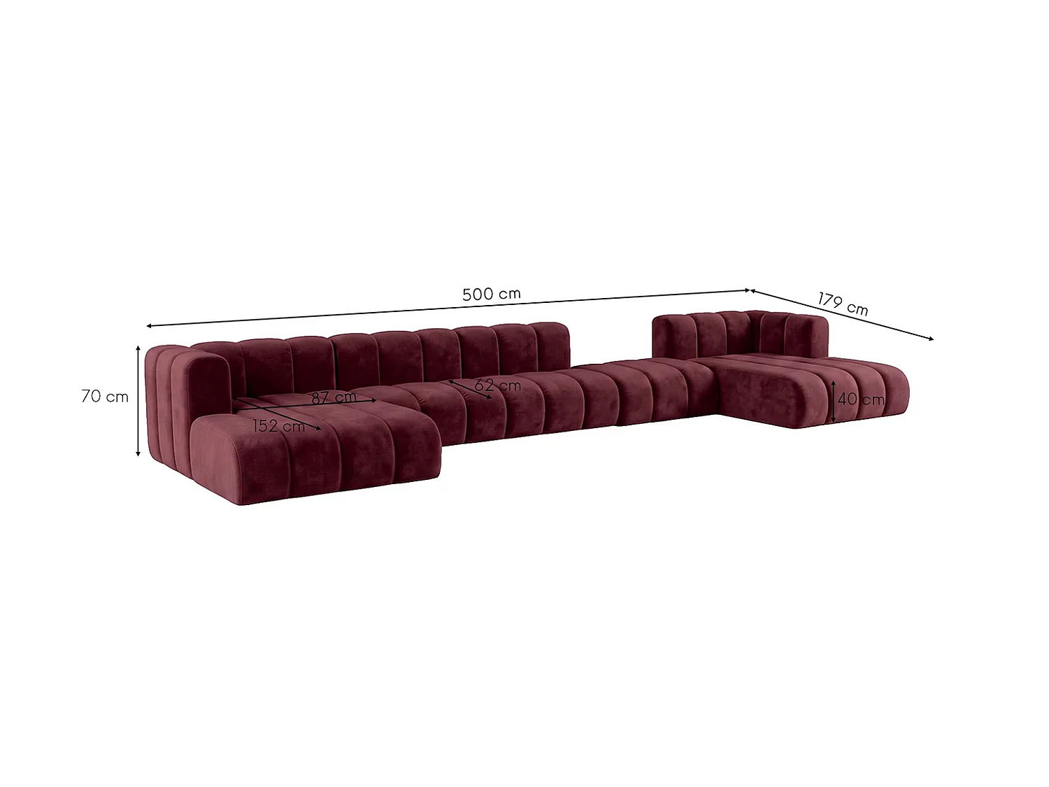 Modulaire hoekbank in U-vorm met verplaatsbare hocker, Bordeaux, GRAND U BIG 500 cm
