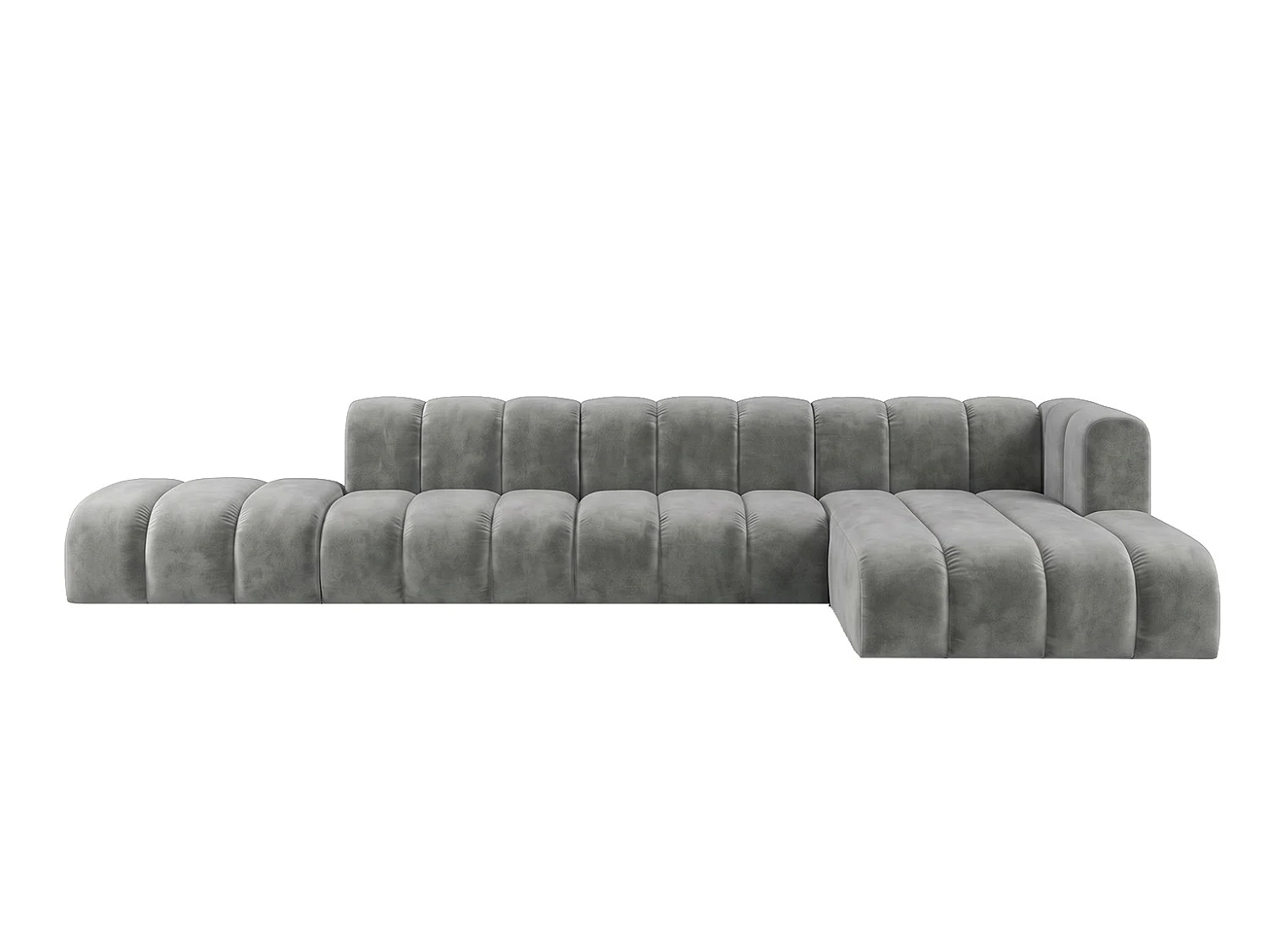 Canapé d’angle modulable en L avec pouf, tissu velours Riviera, Gris, droite, GRAND