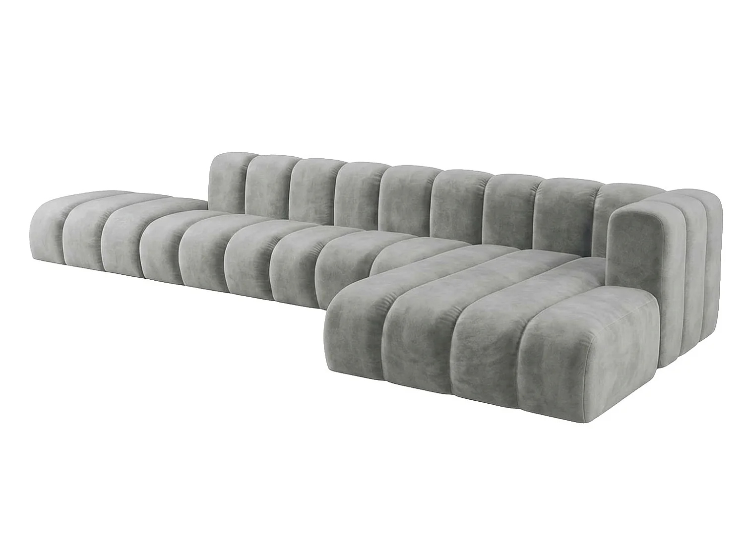 Canapé d’angle modulable en L avec pouf, tissu velours Riviera, Gris, droite, GRAND