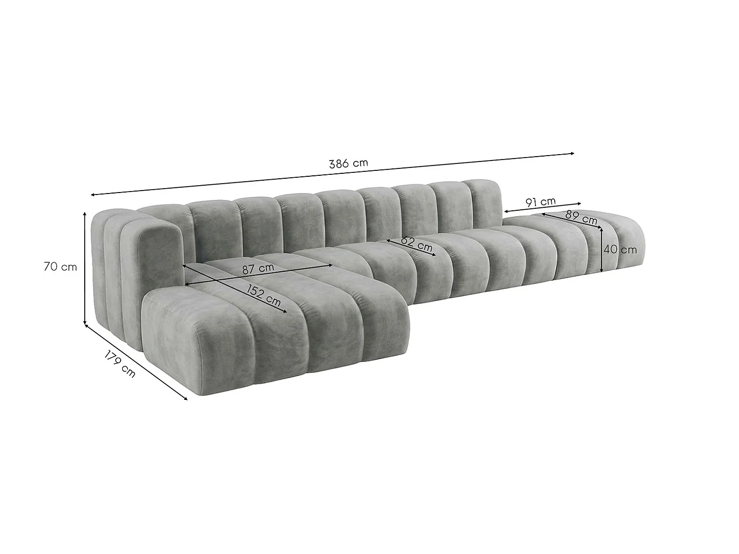 Canapé d’angle modulable en L avec pouf, tissu velours Riviera, Gris, droite, GRAND
