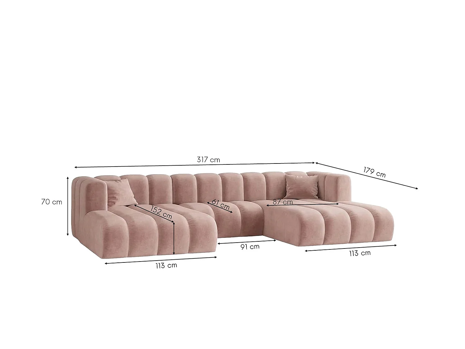 Canapé d’angle modulable en U, tissu velours Riviera, Rose clair, GRAND U