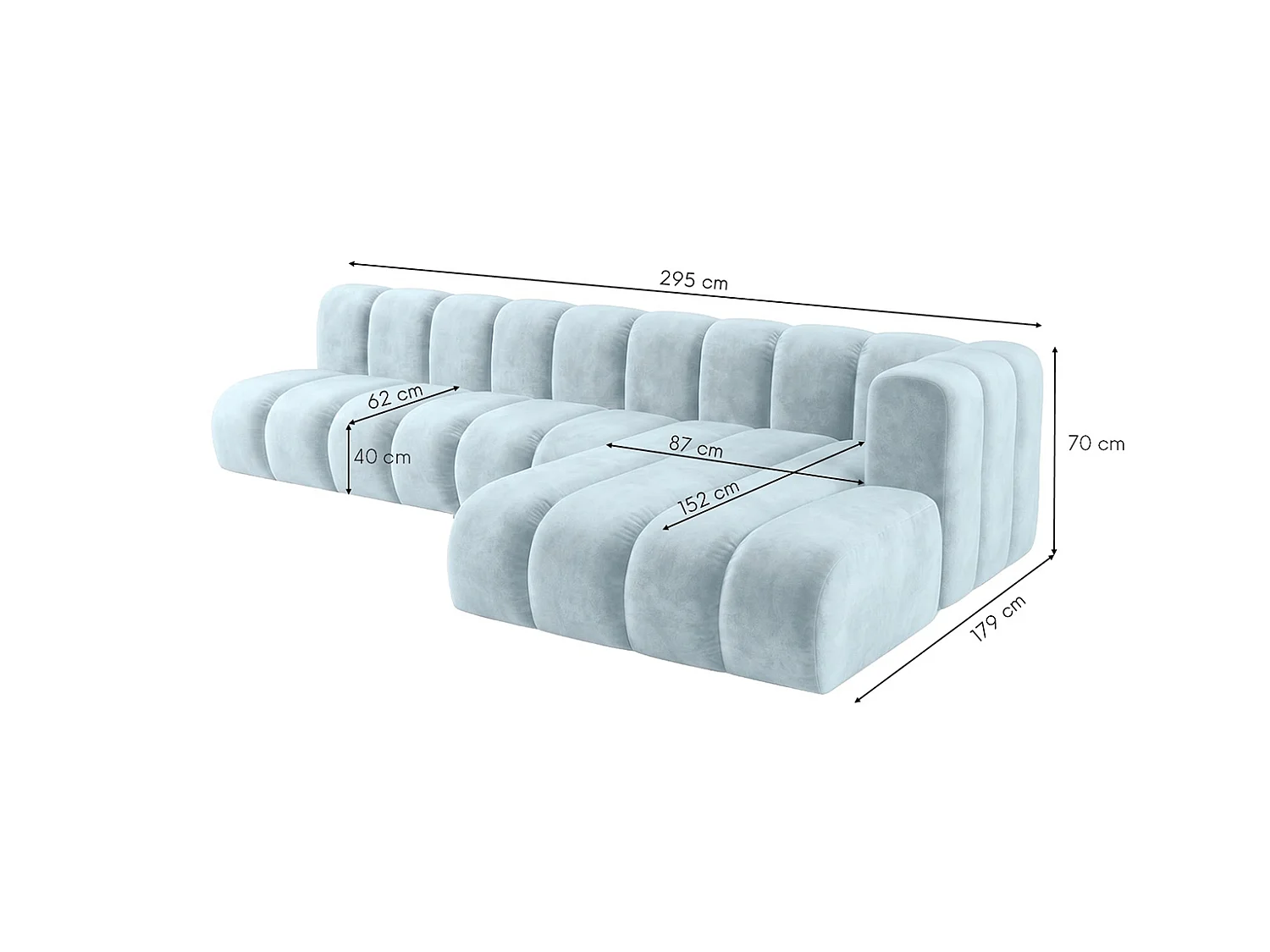 Narożnik modułowy w kształcie L, tkanina welwet Riviera, Baby blue, Prawy, GRAND 295 cm