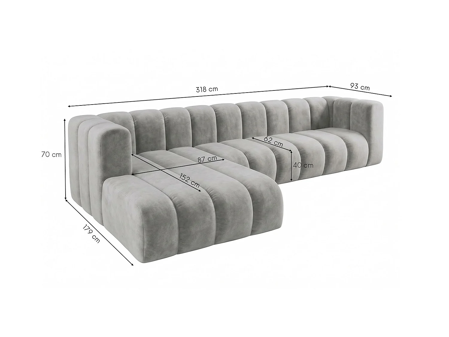 Canapé d’angle modulable en L, tissu velours Riviera, Gris, gauche, GRAND 318 cm