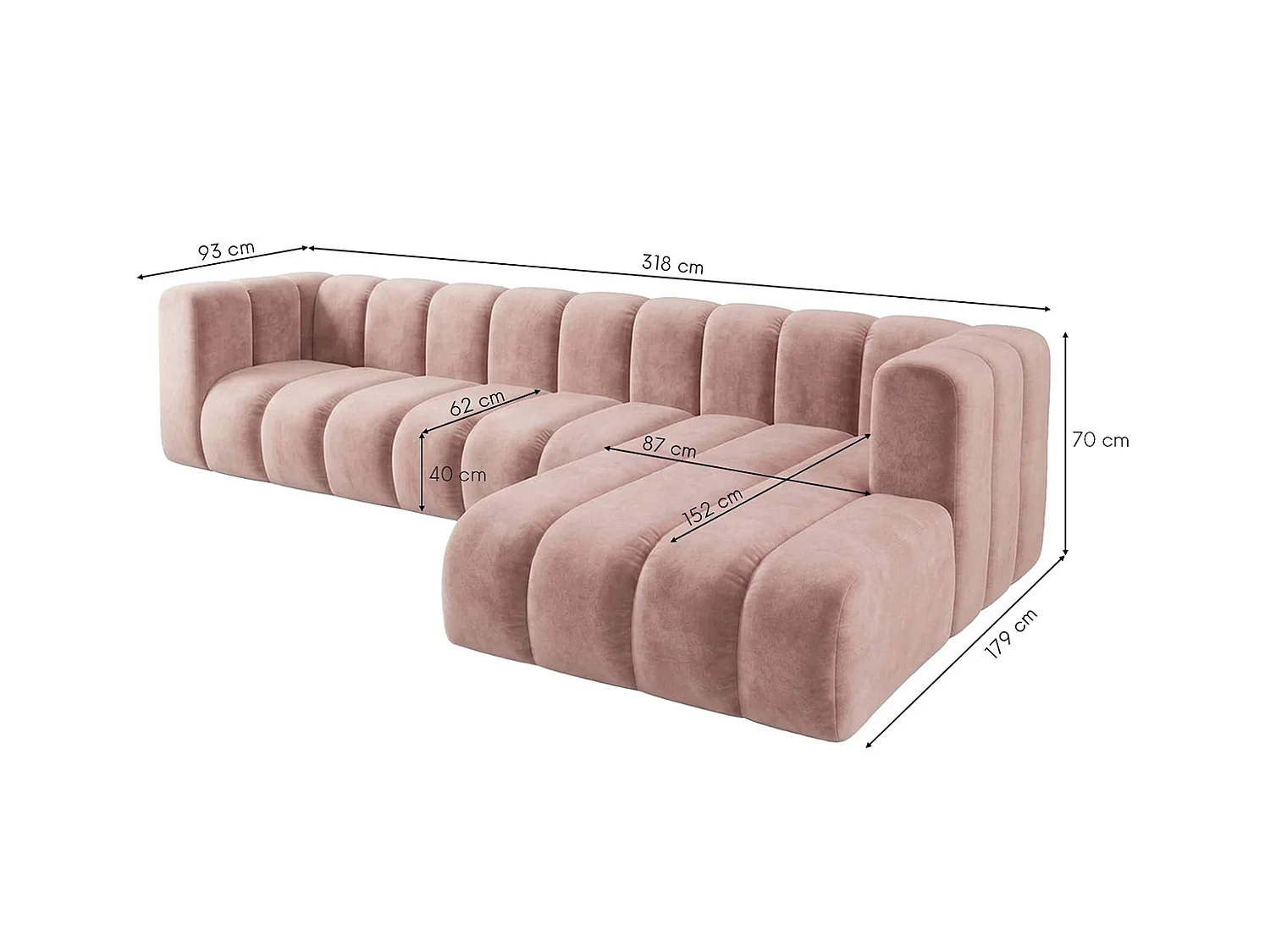 Canapé d’angle modulable en L, tissu velours Riviera, Rose clair, droite, GRAND 318 cm