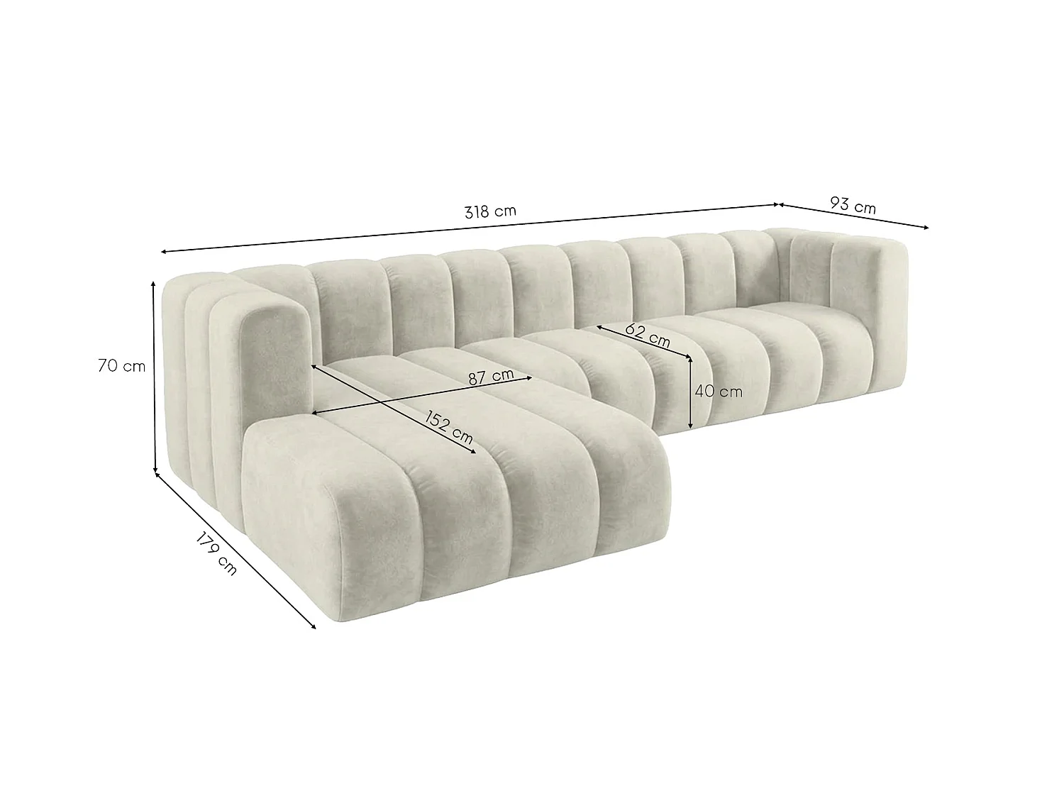 Narożnik modułowy w kształcie L, tkanina welwet Riviera, Ecru, Lewy, GRAND 318 cm