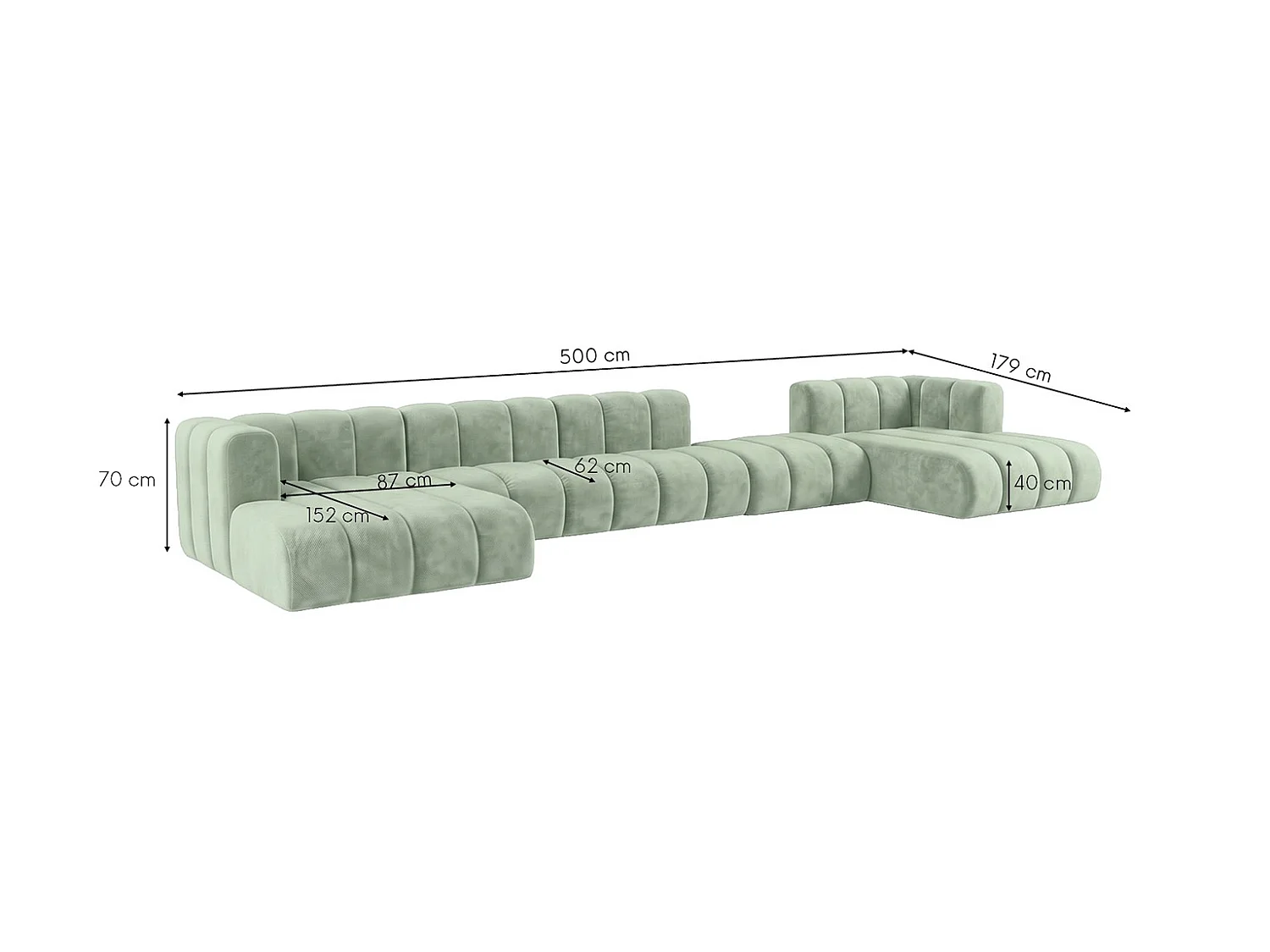 Modulaire hoekbank in U-vorm met verplaatsbare hocker, Mintgroen, GRAND U BIG 500 cm