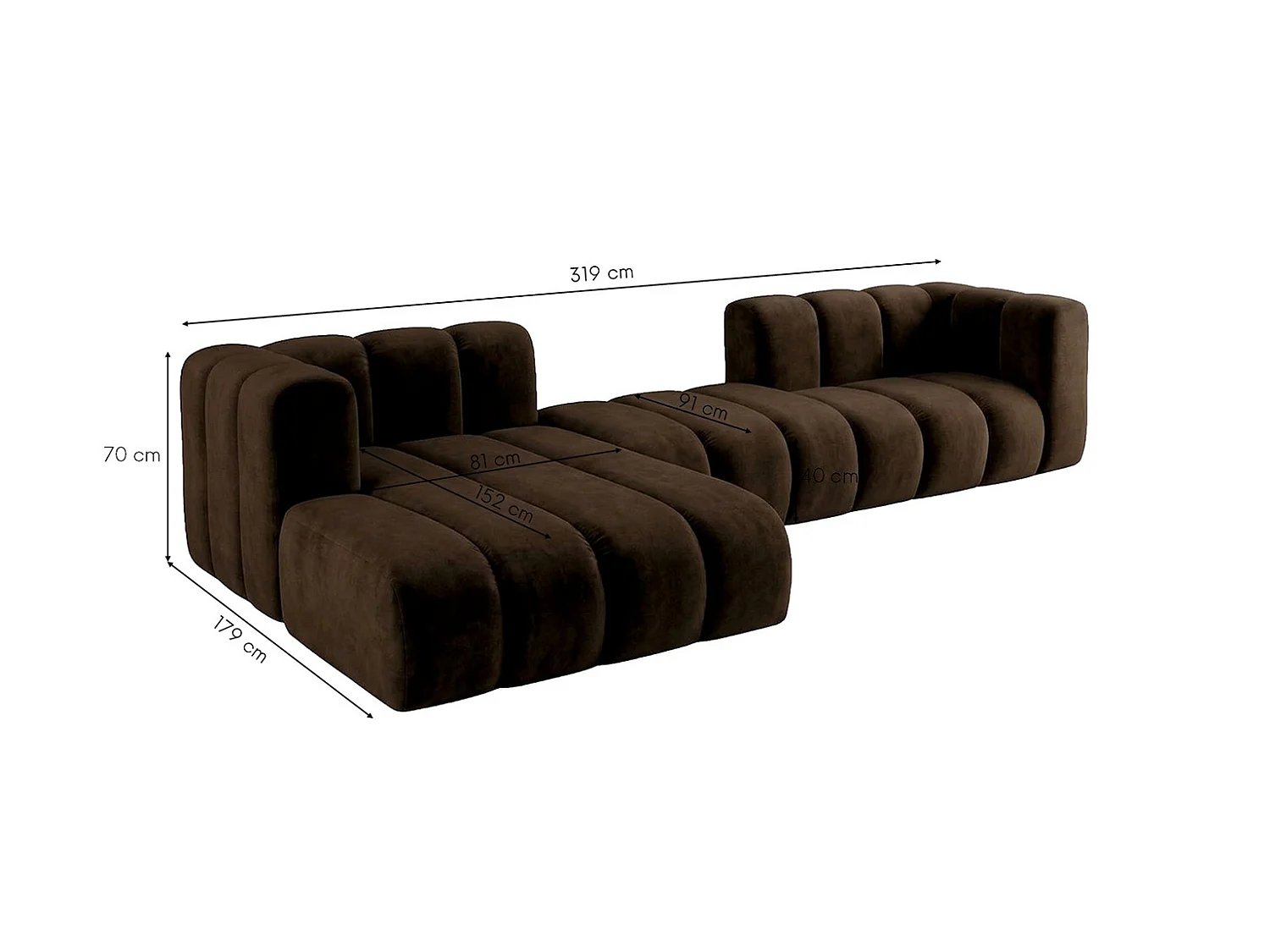 Modulares Ecksofa in L-Form, Velvet-Stoff Riviera, Schokolade, Links, GRAND 319 cm