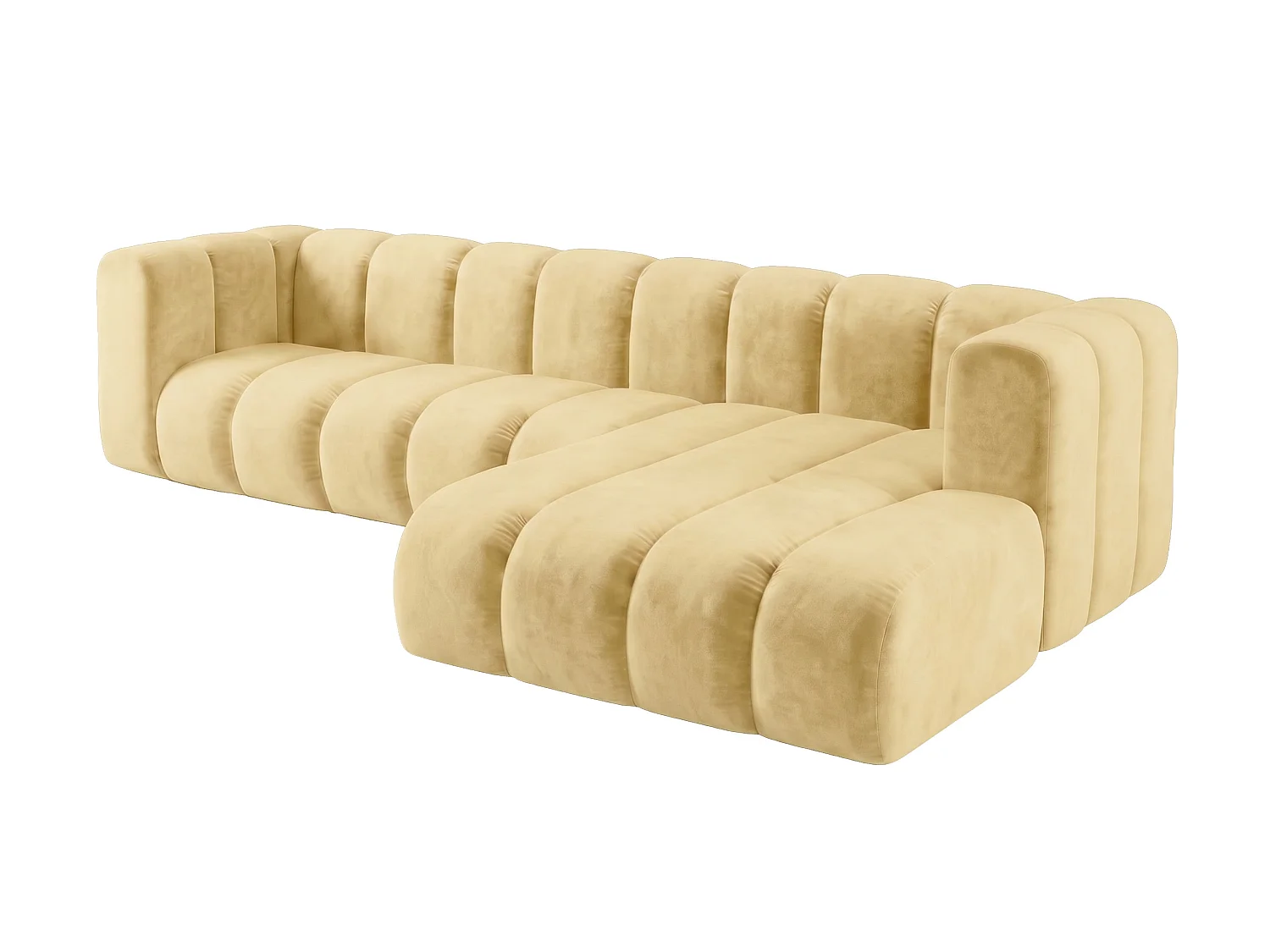 Canapé d’angle modulable en L, tissu velours Riviera, Beurre, droite, GRAND 287 cm