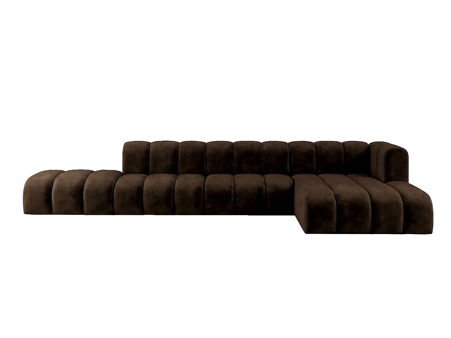 Canapé d’angle modulable en L avec pouf, tissu velours Riviera, Chocolat, droite, GRAND