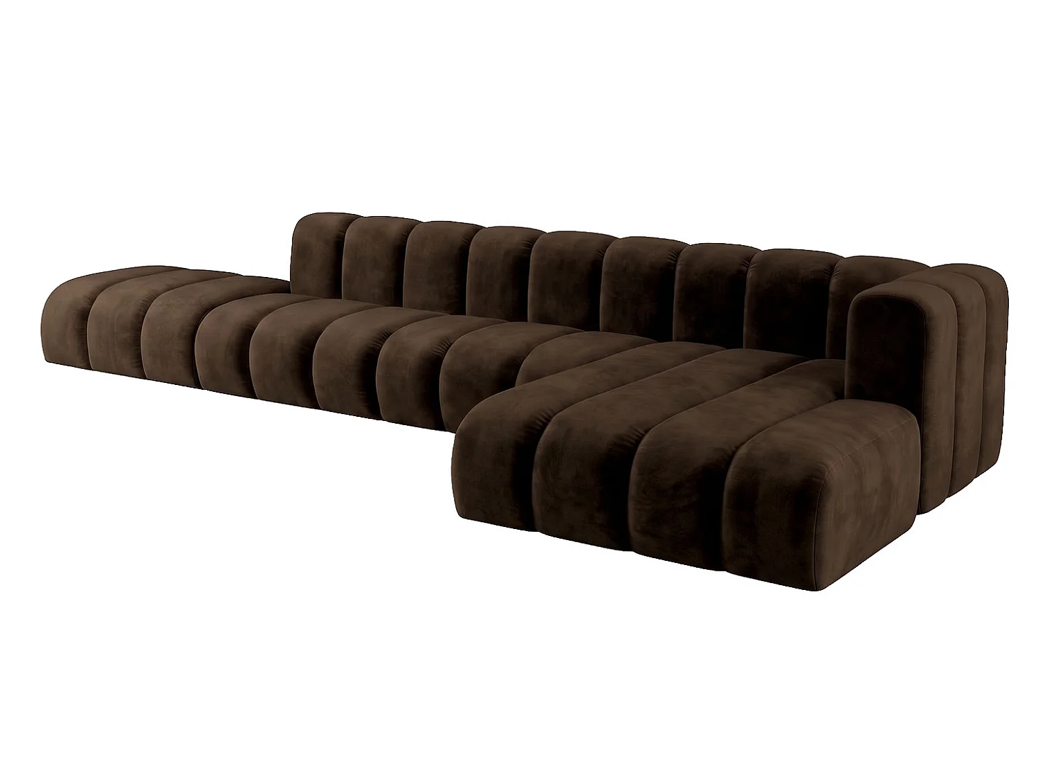Canapé d’angle modulable en L avec pouf, tissu velours Riviera, Chocolat, droite, GRAND