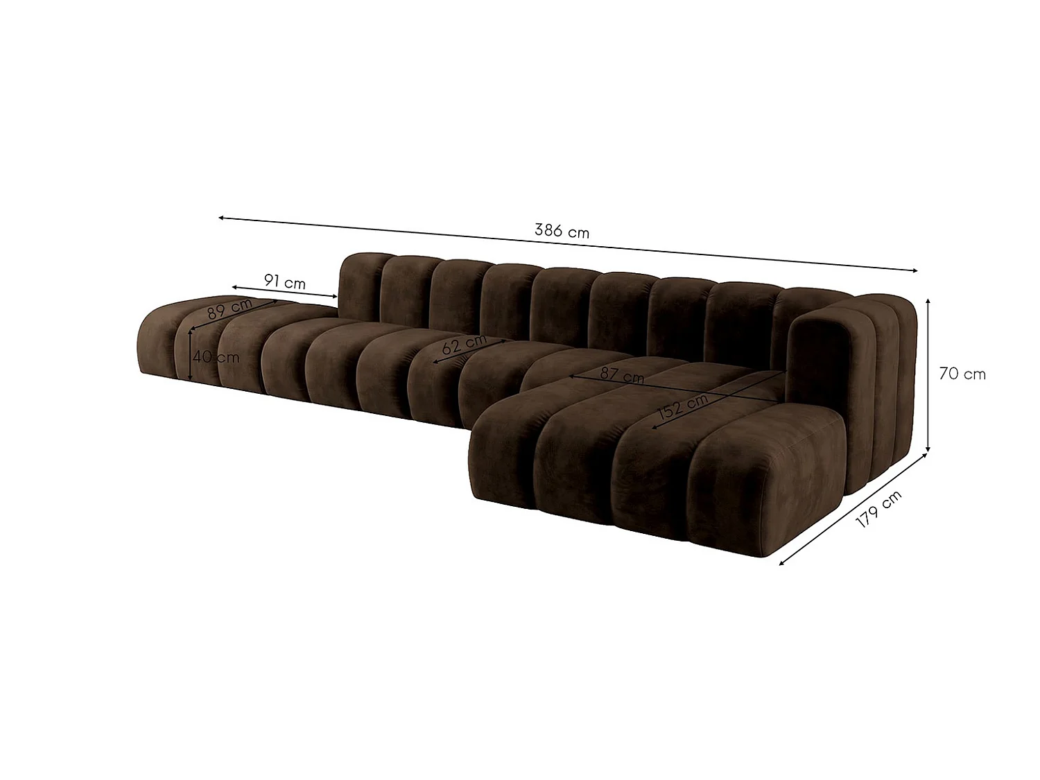Canapé d’angle modulable en L avec pouf, tissu velours Riviera, Chocolat, droite, GRAND
