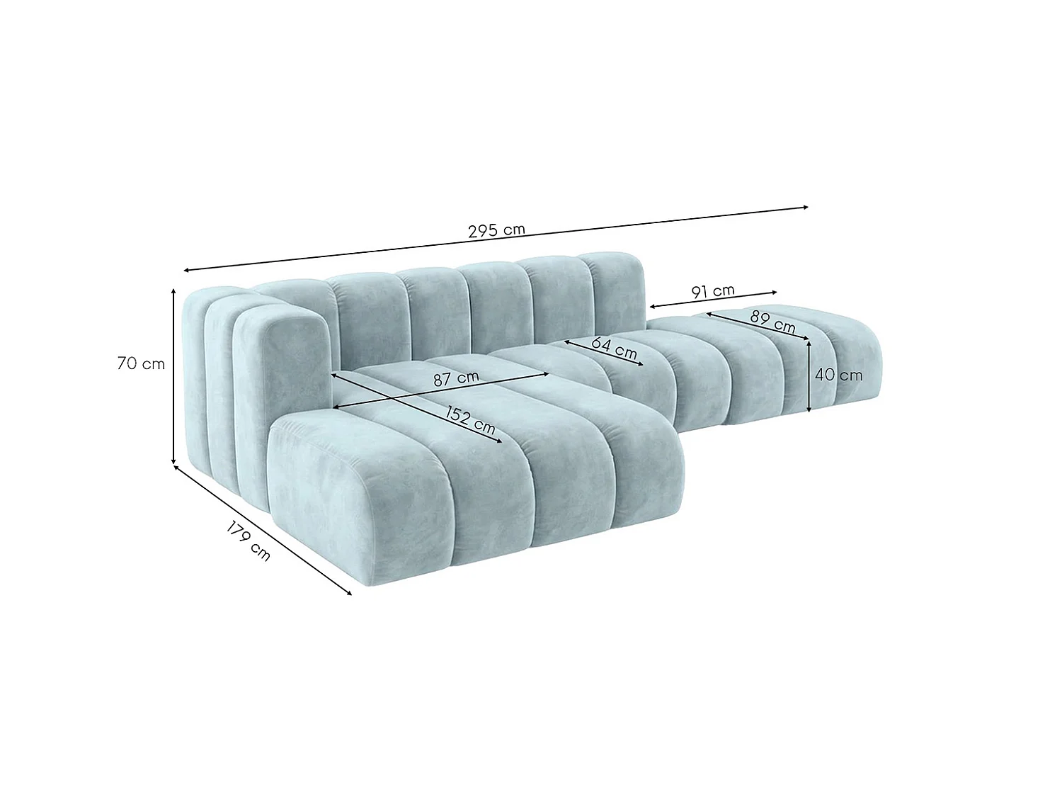 Modulaire hoekbank in L-vorm met hocker, fluwelen stof Riviera, Babyblauw, links, GRAND Mini