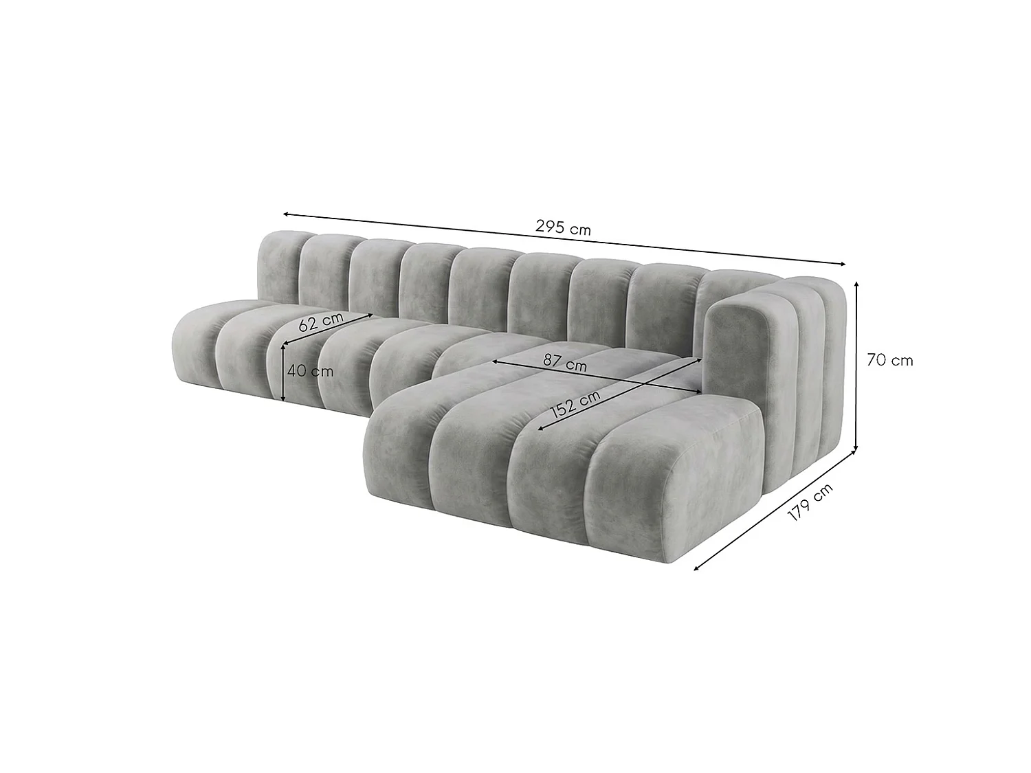 Canapé d’angle modulable en L, tissu velours Riviera, Gris, droite, GRAND 295 cm