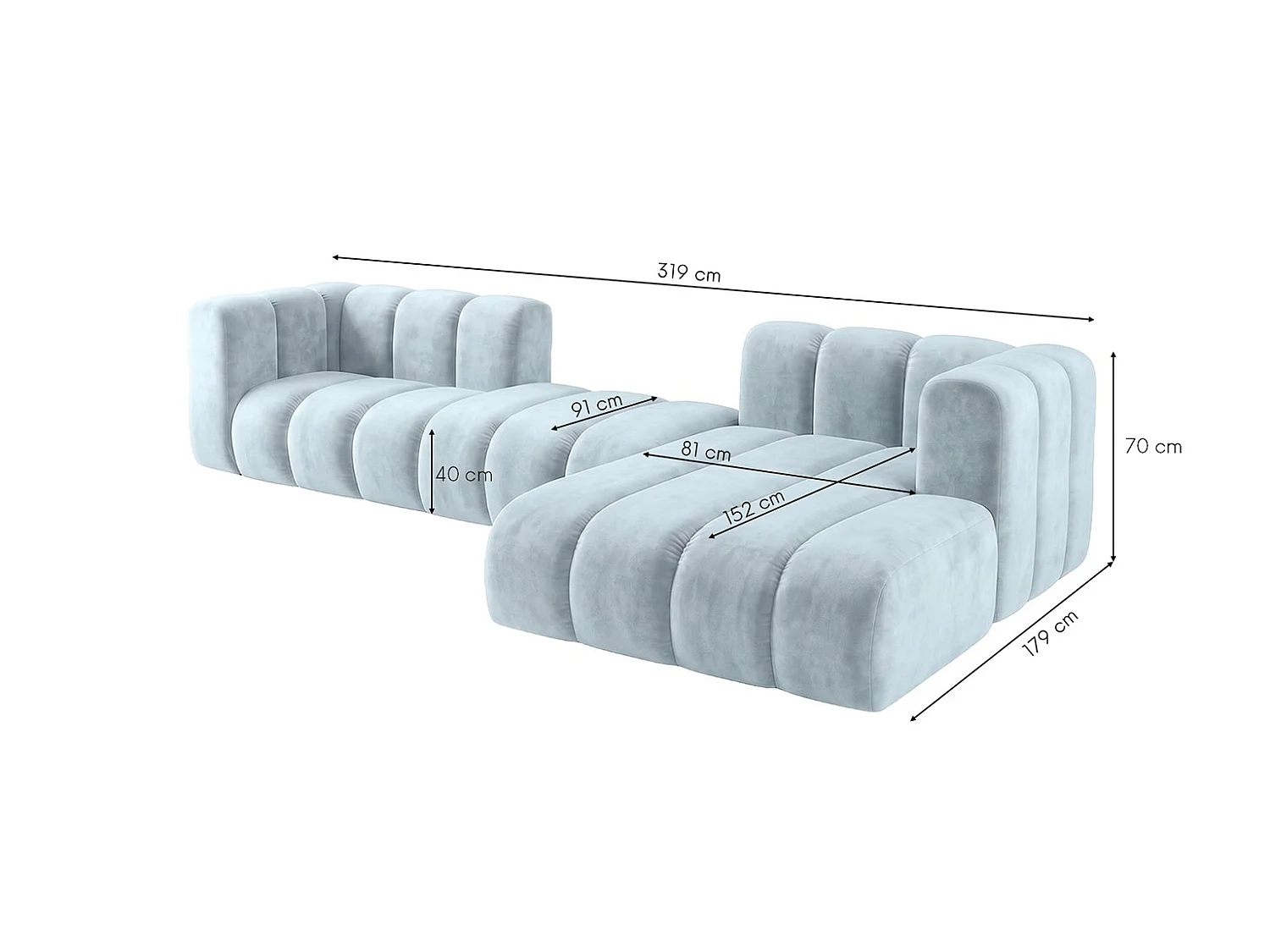 Modulaire hoekbank in L-vorm, fluwelen stof Riviera, Babyblauw, rechts, GRAND 319 cm