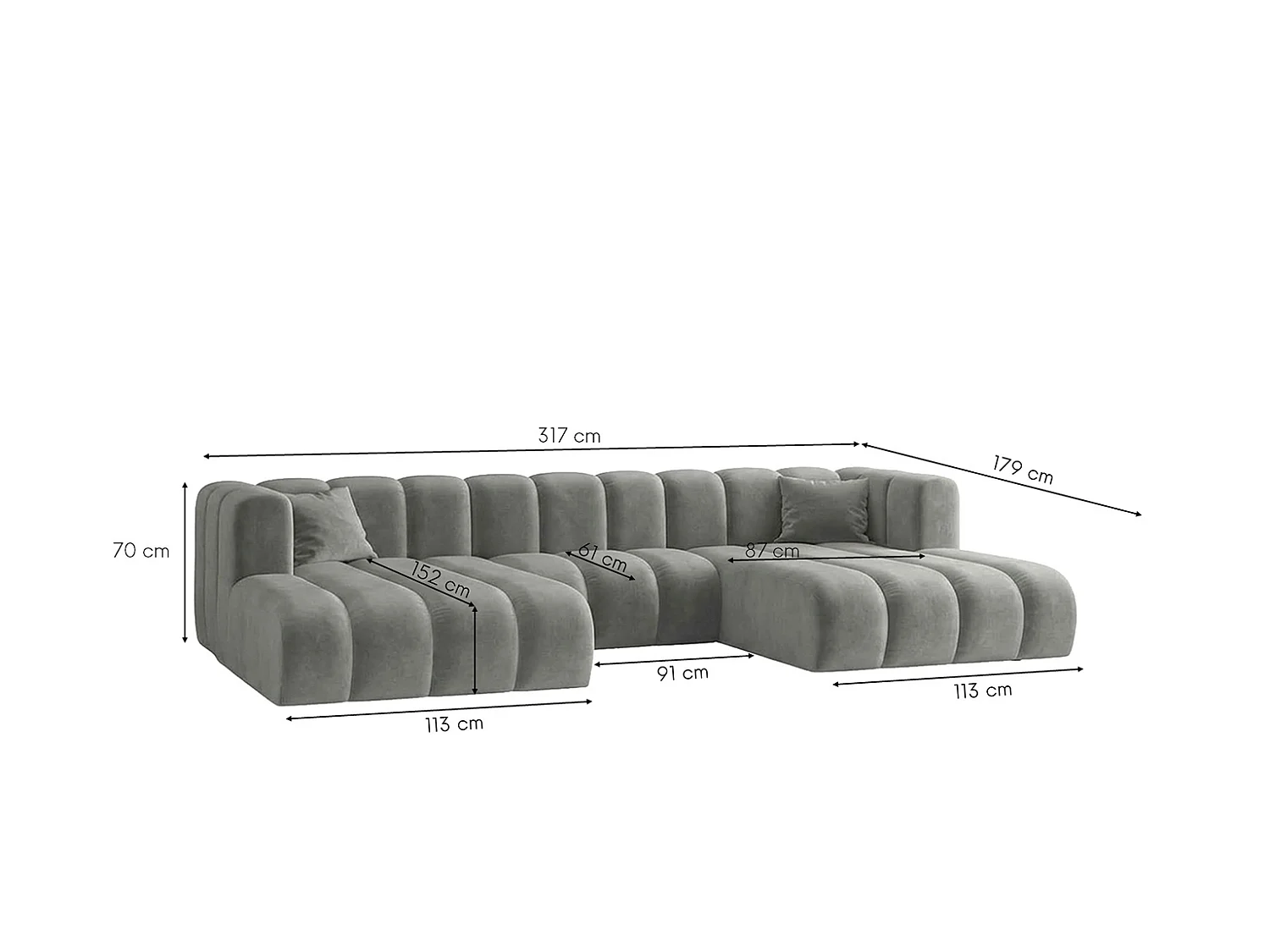 Canapé d’angle modulable en U, tissu velours Riviera, Gris, GRAND U